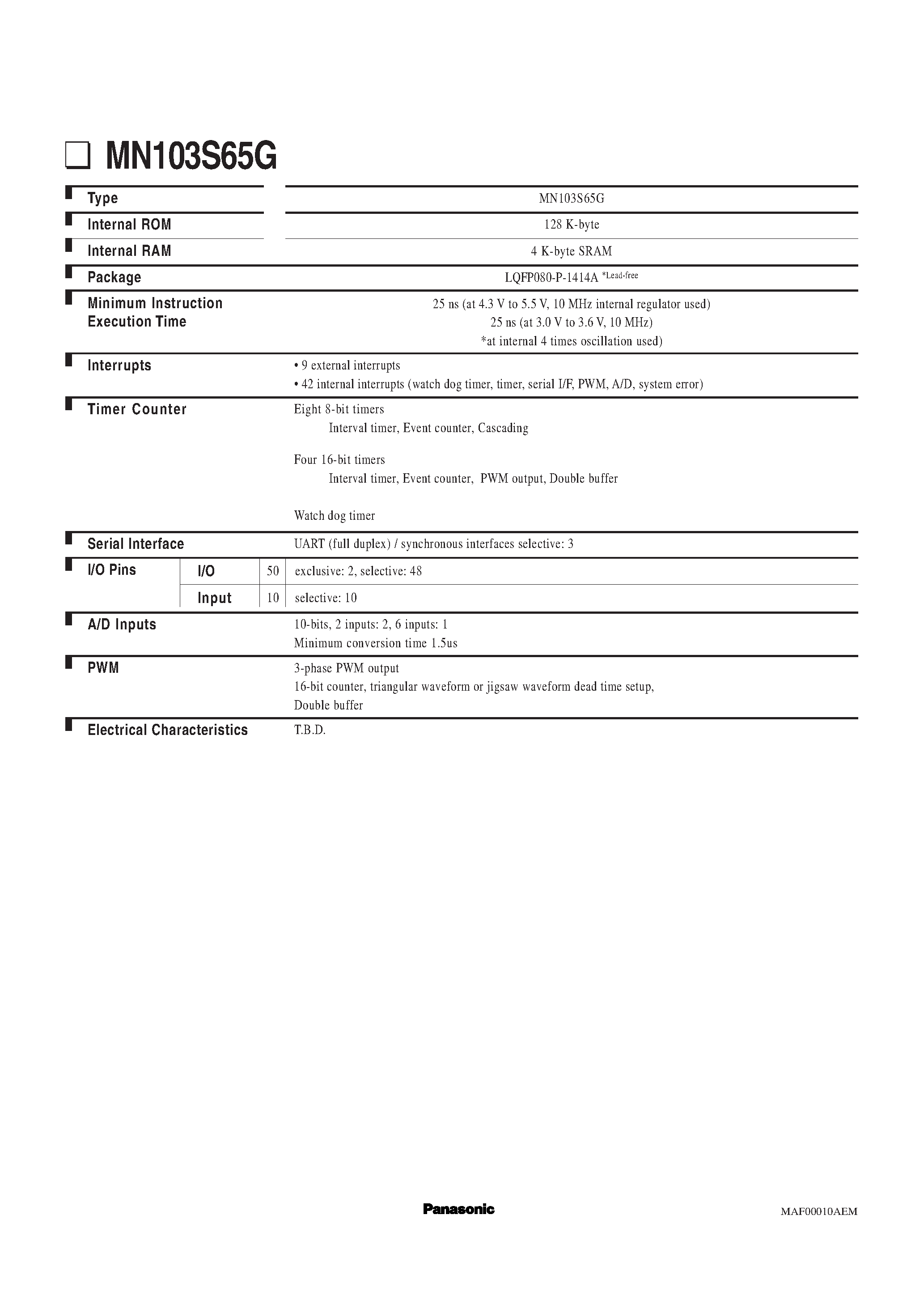 Datasheet MN103S65G - 4 K-byte SRAM page 1