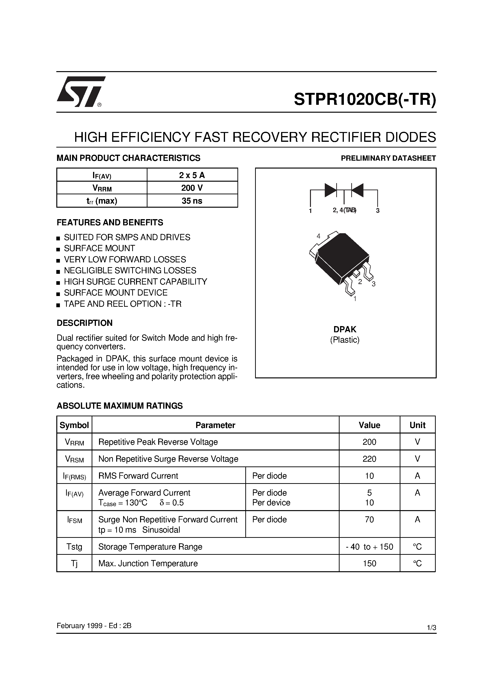 Datasheet STPR1020CB-TR - HIGH EFFICIENCY FAST RECOVERY RECTIFIER DIODES page 1