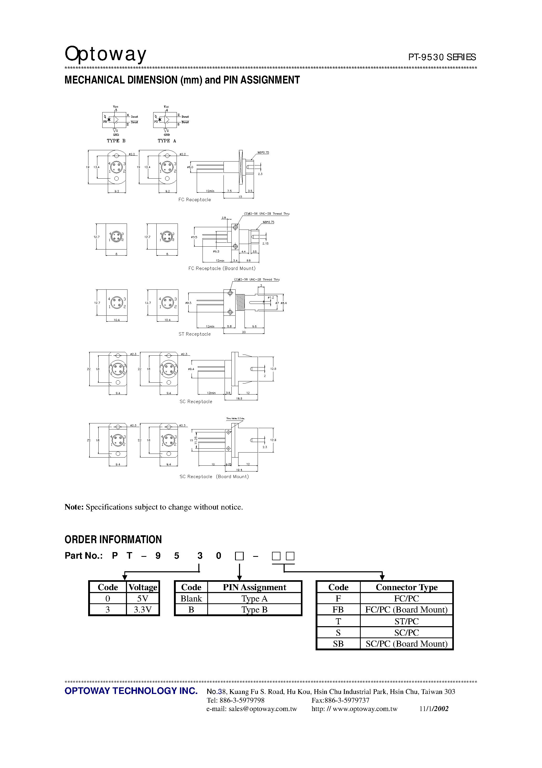 Datasheet PT-9500-T - 3.3V / 2.5 Gbps InGaAs PIN-TIA Receiver InGaAs PIN-TIA WITH RECEPTACLE page 2