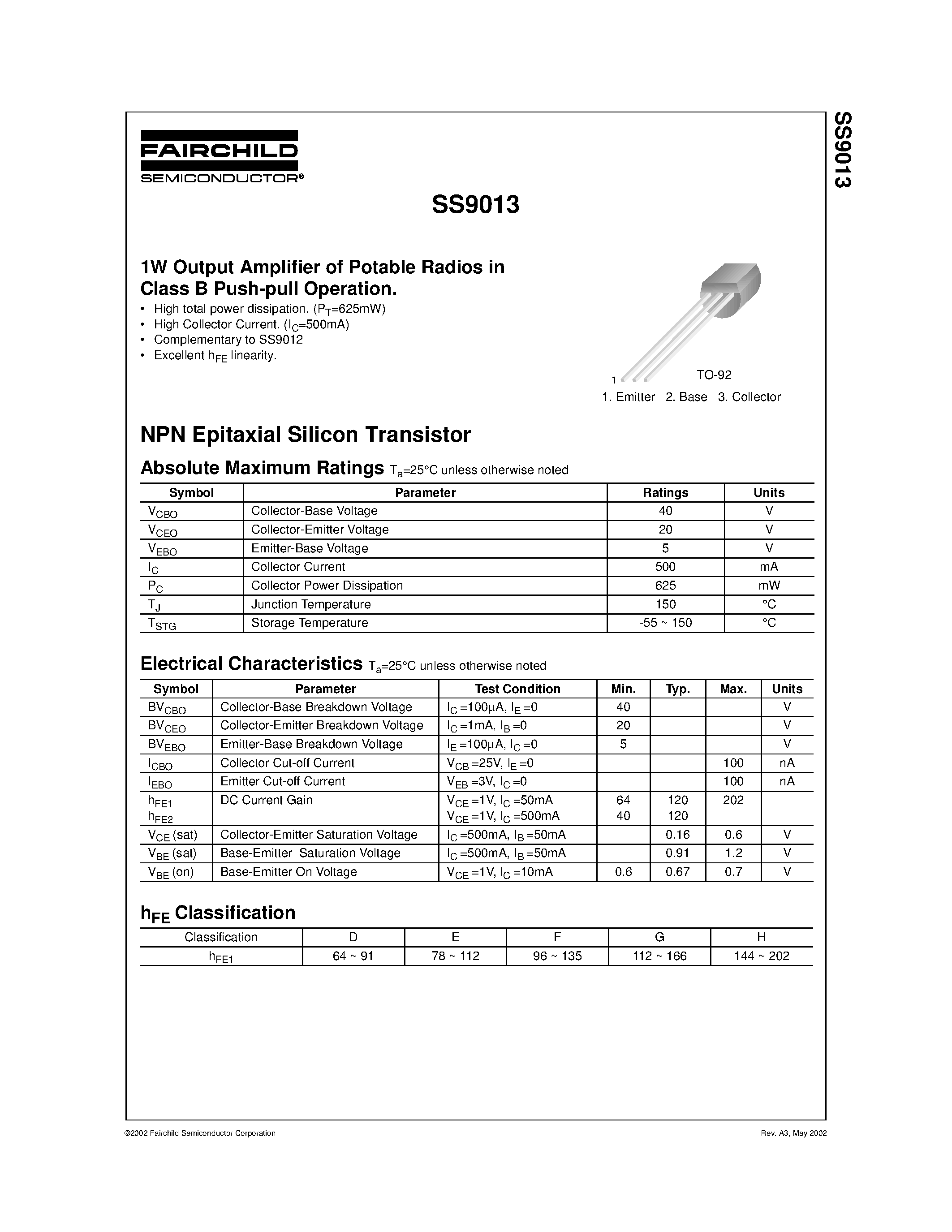 Datasheet S9013 - 1W Output Amplifier of Potable Radios in Class B Push-pull Operation. page 1