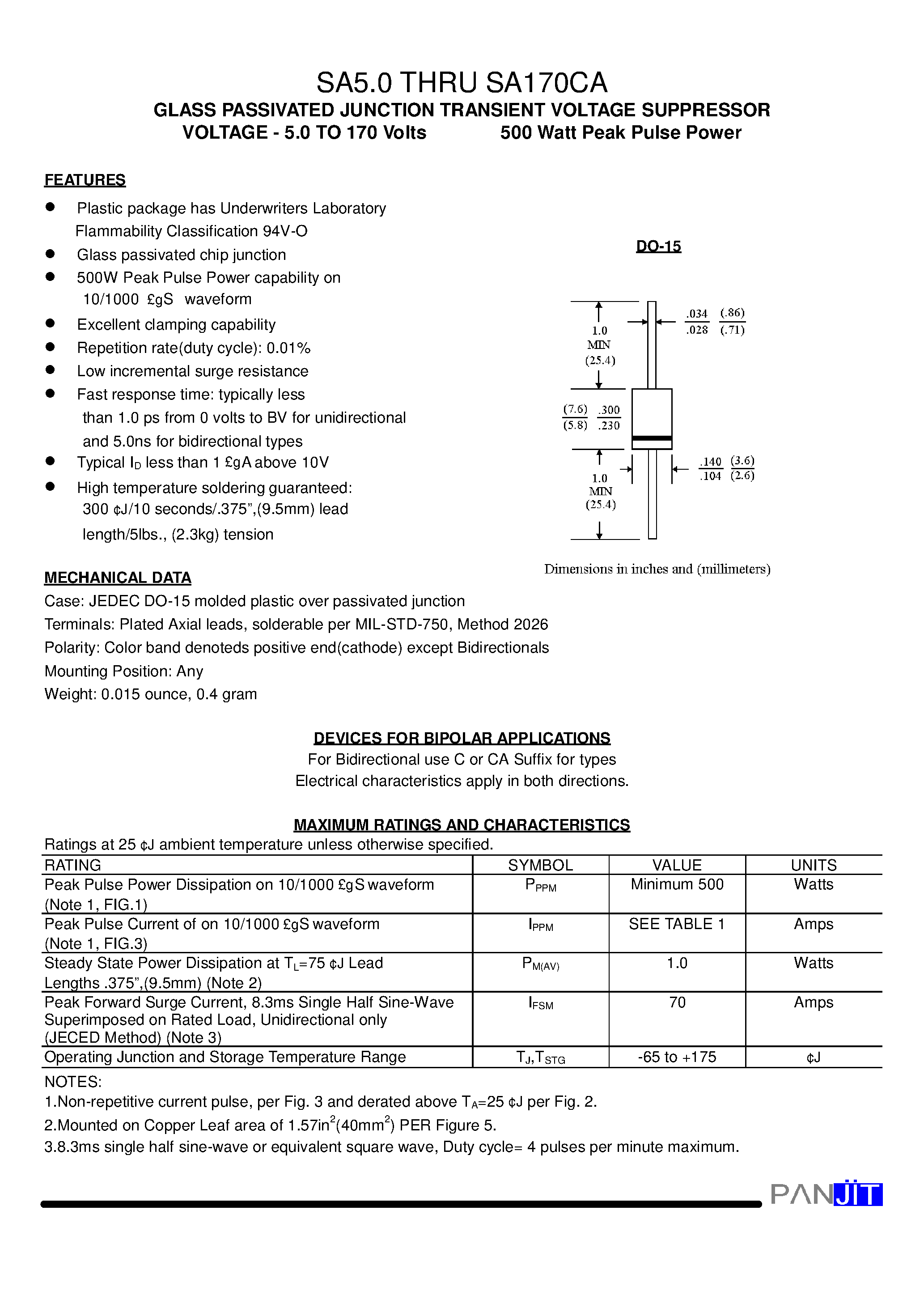 Даташит SA10 - GLASS PASSIVATED JUNCTION TRANSIENT VOLTAGE SUPPRESSOR(VOLTAGE - 5.0 TO 170 Volts 500 Watt Peak Pulse Power) страница 1