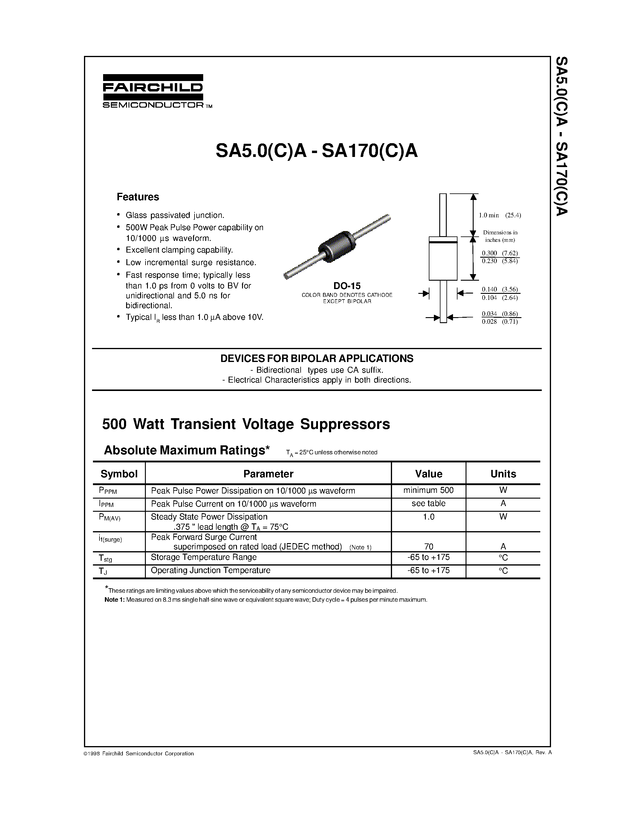 Datasheet SA20(C)A - DEVICES FOR BIPOLAR APPLICATIONS page 1
