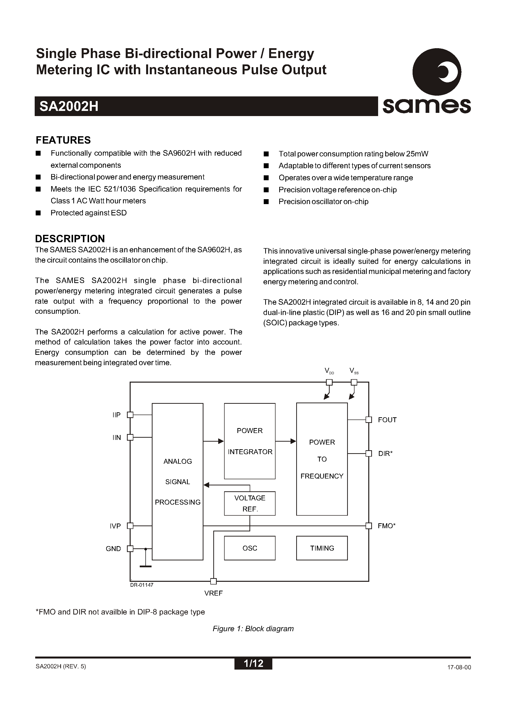 Datasheet SA2002 - Single Phase Bi-directional Power / Energy Metering IC with Instantaneous Pulse Output page 1