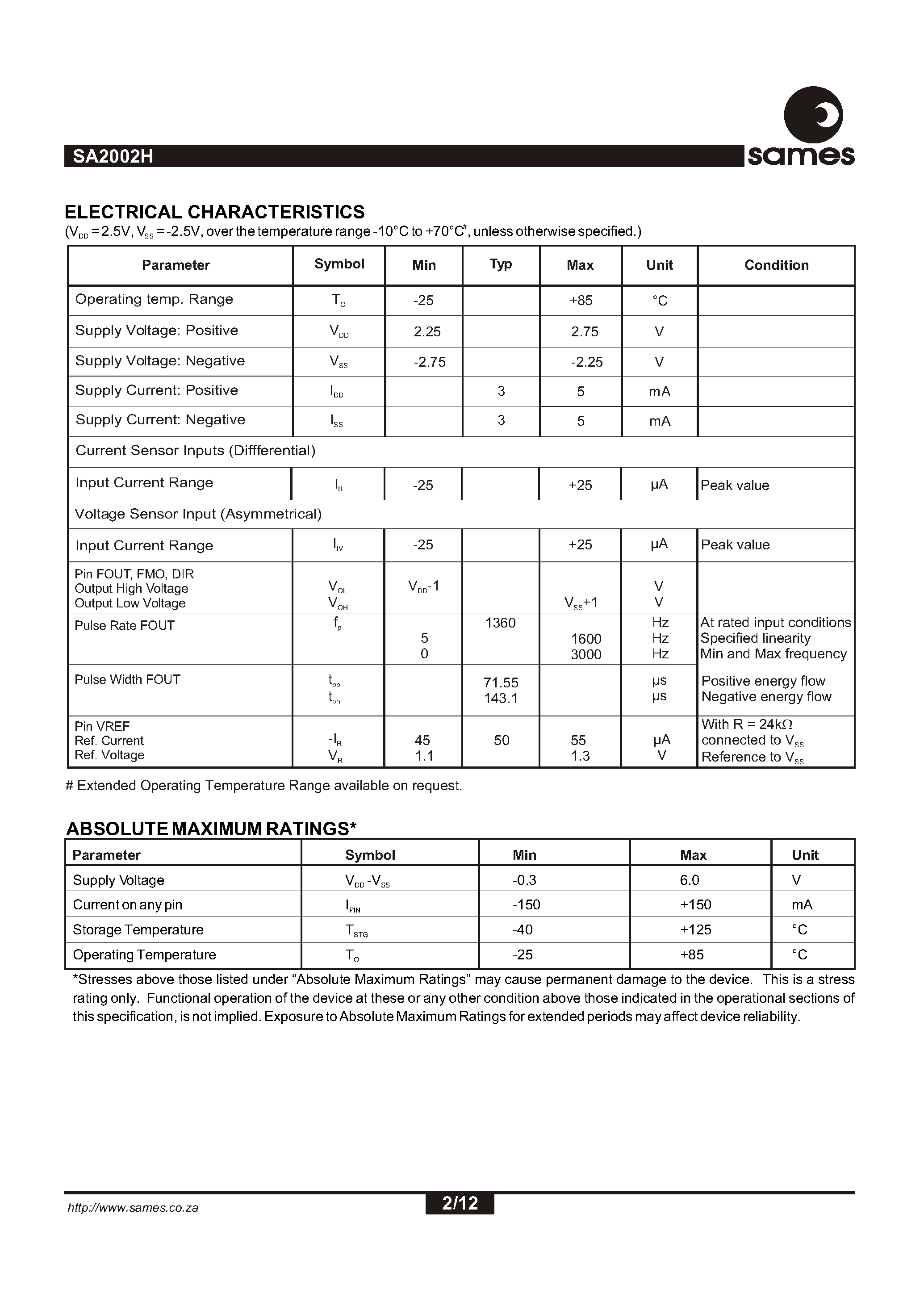 Datasheet SA2002 - Single Phase Bi-directional Power / Energy Metering IC with Instantaneous Pulse Output page 2
