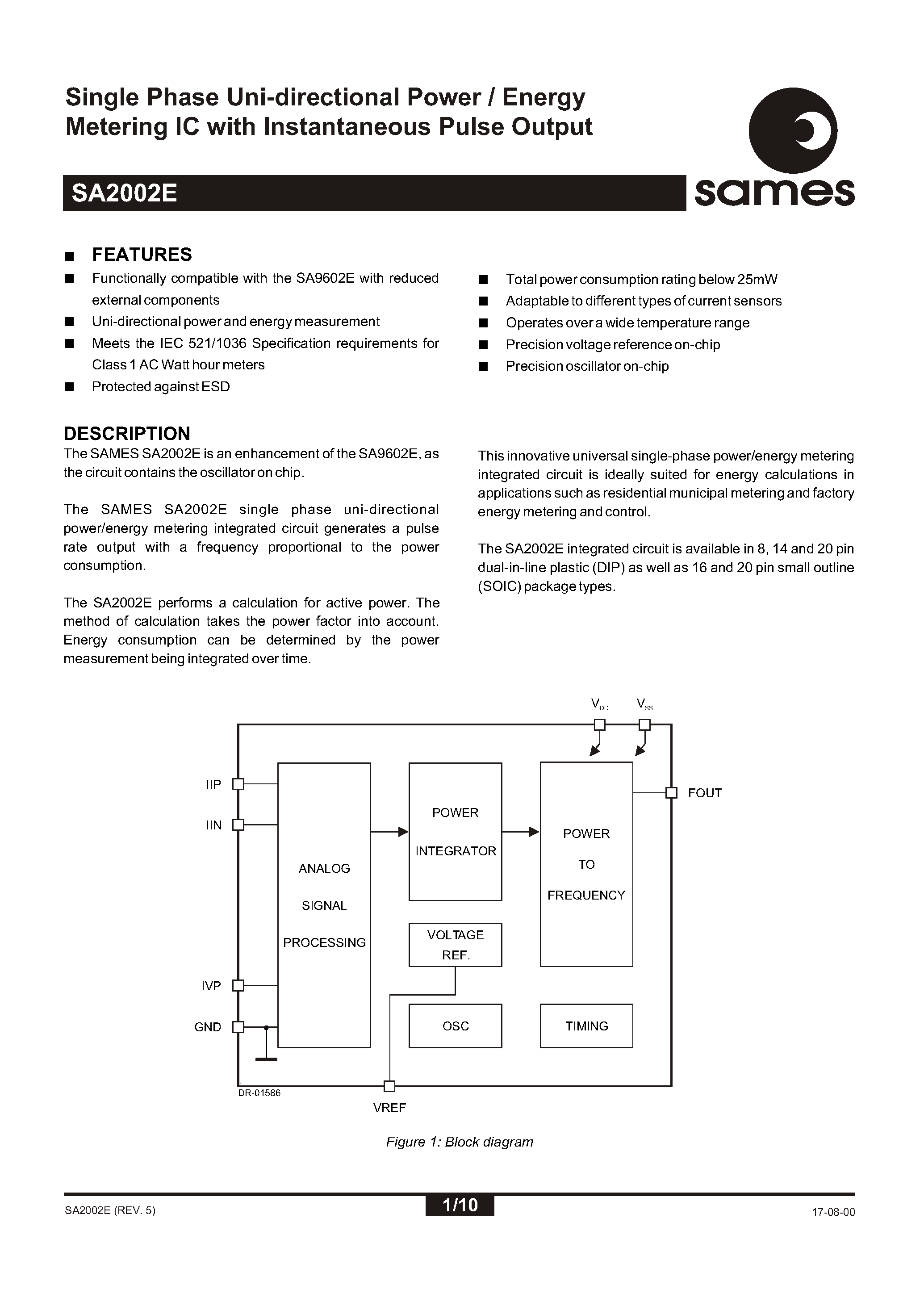 Datasheet SA2002EPA - Single Phase Uni-directional Power / Energy Metering IC with Instantaneous Pulse Output page 1