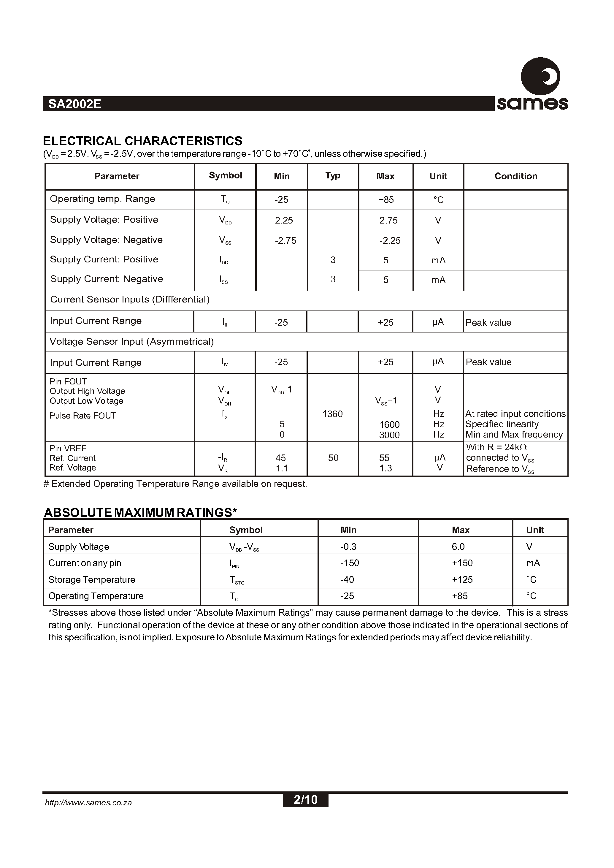 Datasheet SA2002EPA - Single Phase Uni-directional Power / Energy Metering IC with Instantaneous Pulse Output page 2