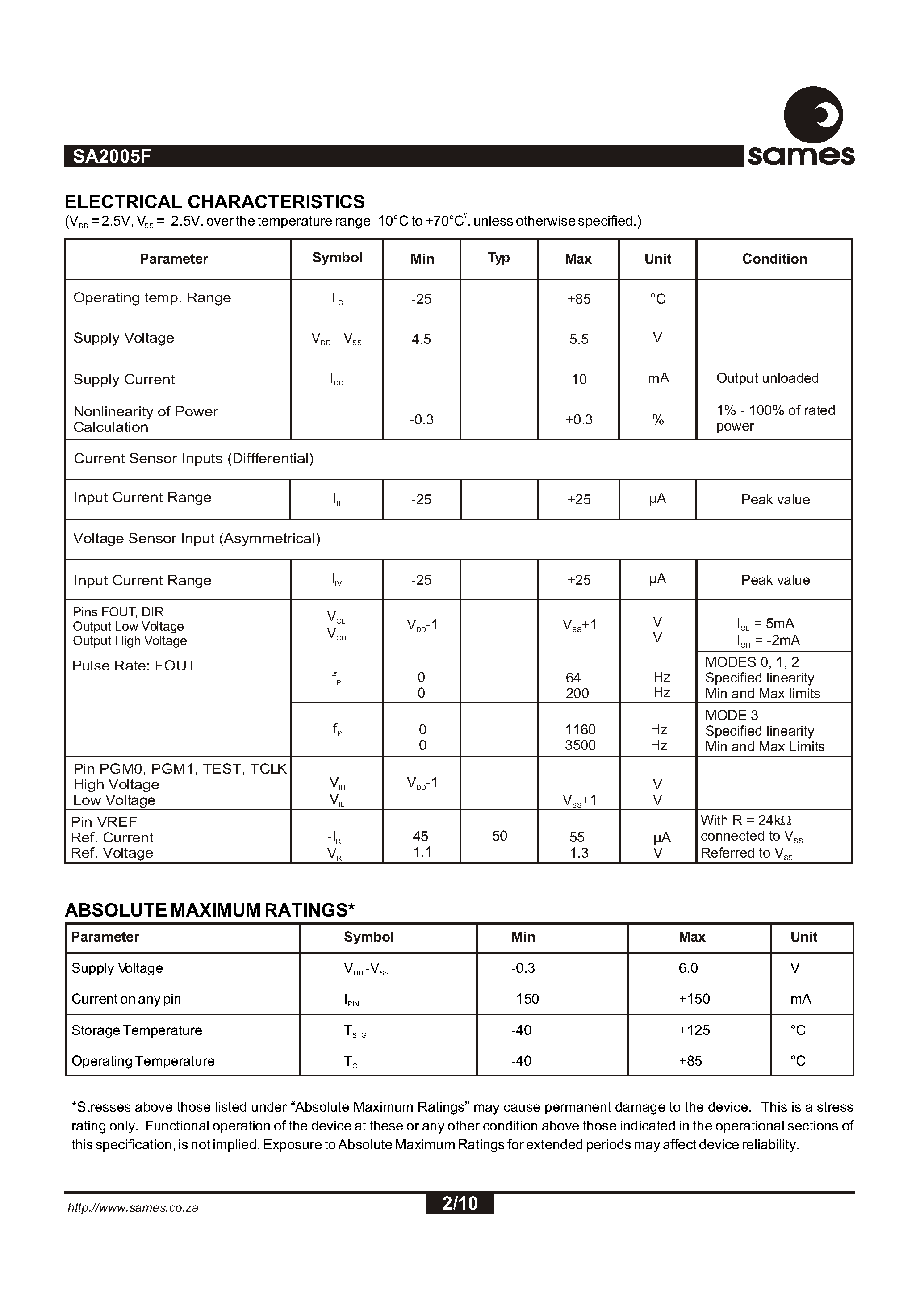 Datasheet SA2005 - Programmable Three Phase Power / Energy Metering IC for Stepper Motor / Impulse Counter Applications page 2