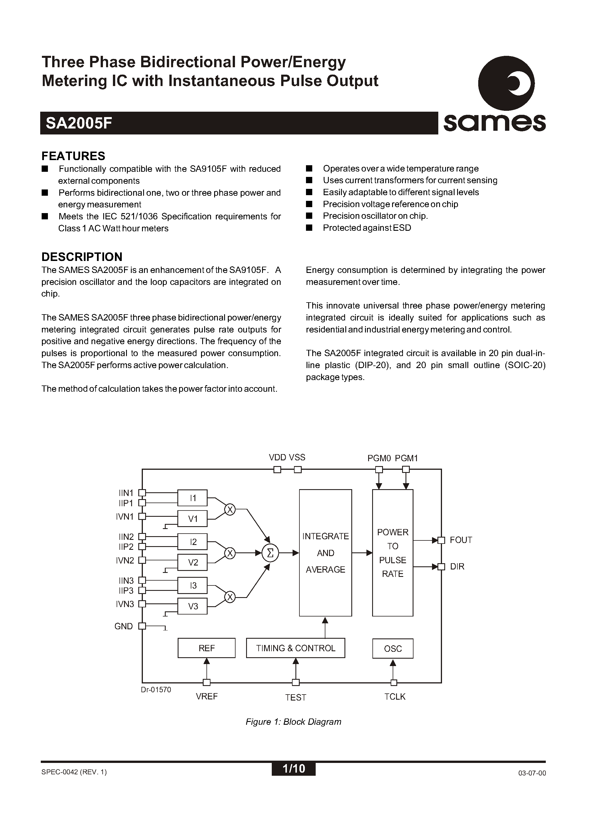 Даташит SA2005FSA - Three Phase Bidirectional Power/Energy Metering IC with Instantaneous Pulse Output страница 1