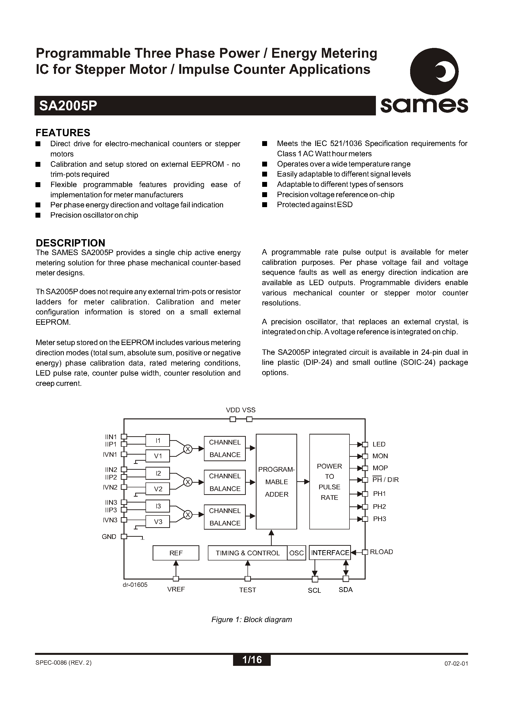 Datasheet SA2005PPA - Programmable Three Phase Power / Energy Metering IC for Stepper Motor / Impulse Counter Applications page 1