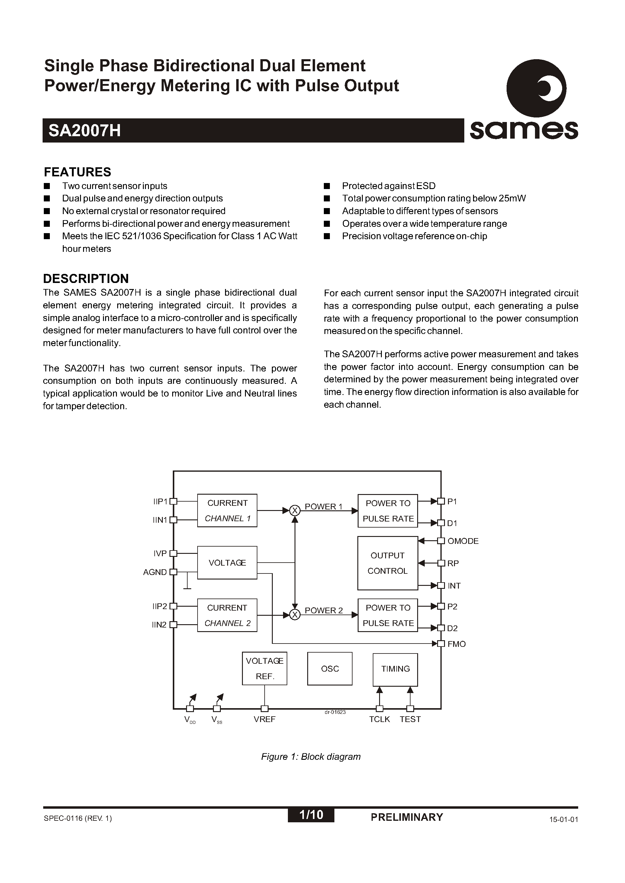 Datasheet SA2007H - Single Phase Bidirectional Dual Element Power/Energy Metering IC with Pulse Output page 1