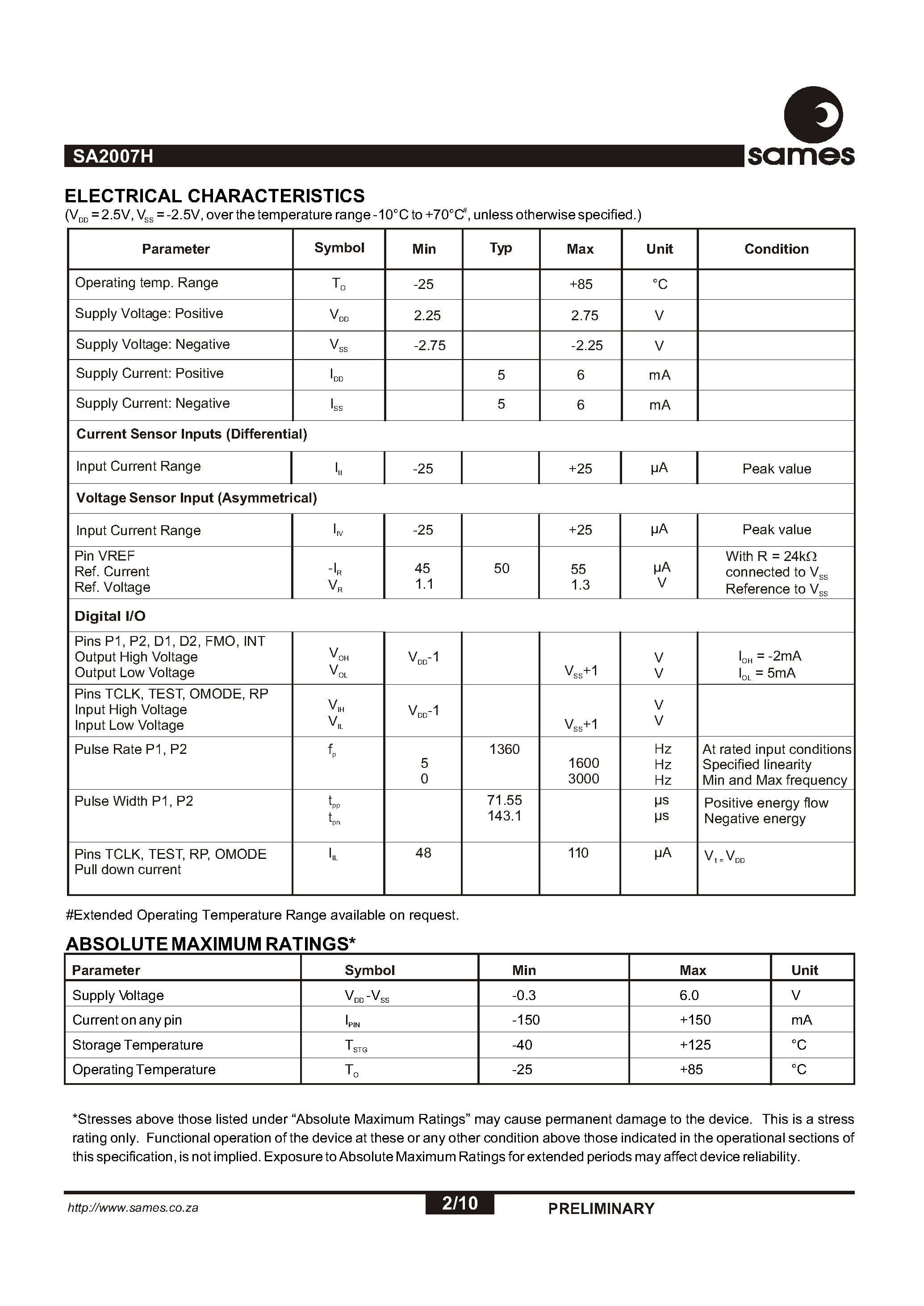 Datasheet SA2007H - Single Phase Bidirectional Dual Element Power/Energy Metering IC with Pulse Output page 2