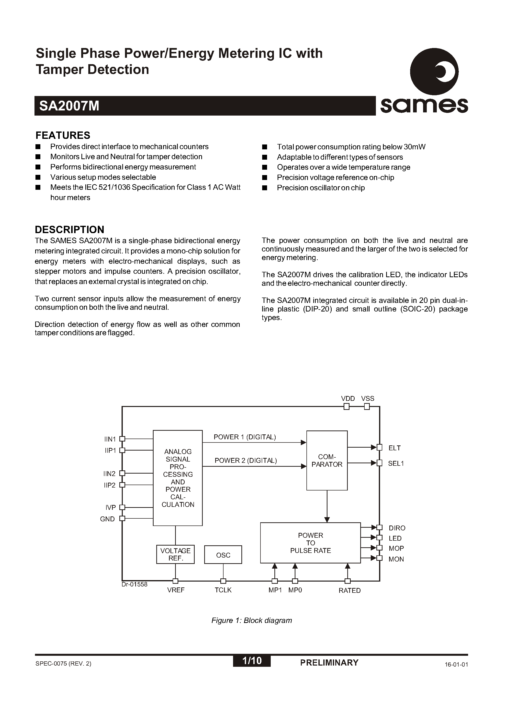 Datasheet SA2007M - Single Phase Power/Energy Metering IC with Tamper Detection page 1