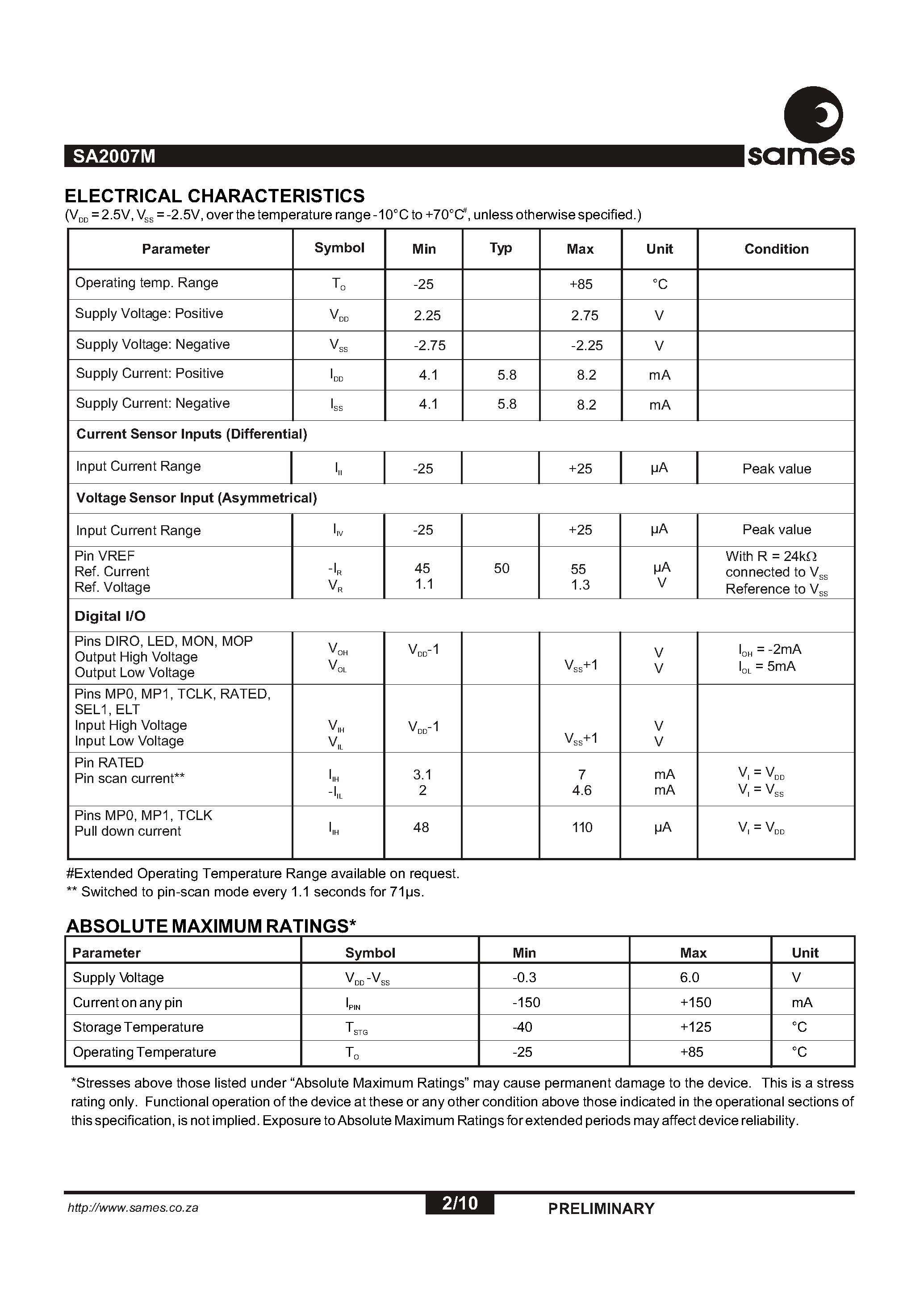 Datasheet SA2007M - Single Phase Power/Energy Metering IC with Tamper Detection page 2