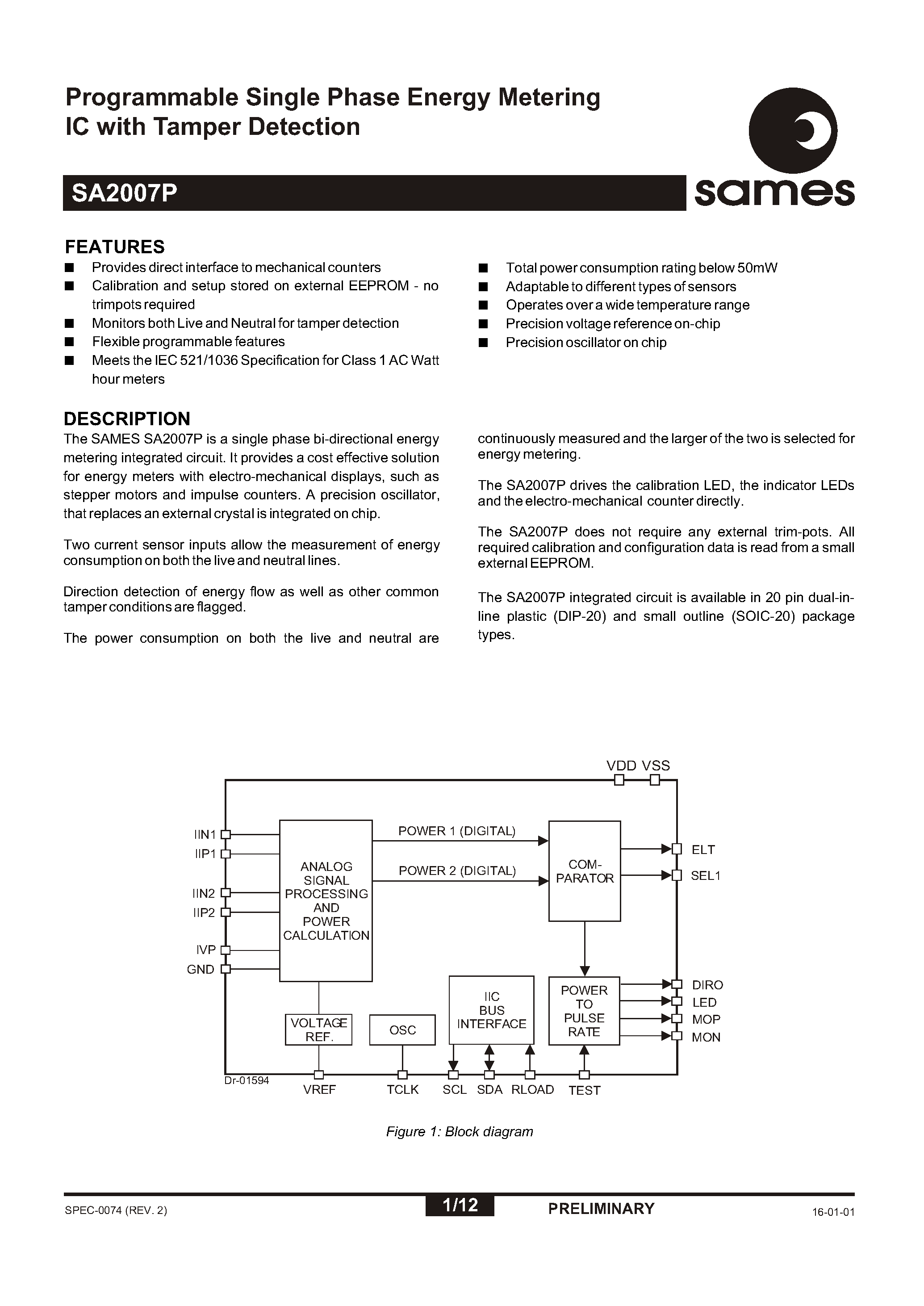Datasheet SA2007P - Programmable Single Phase Energy Metering IC with Tamper Detection page 1