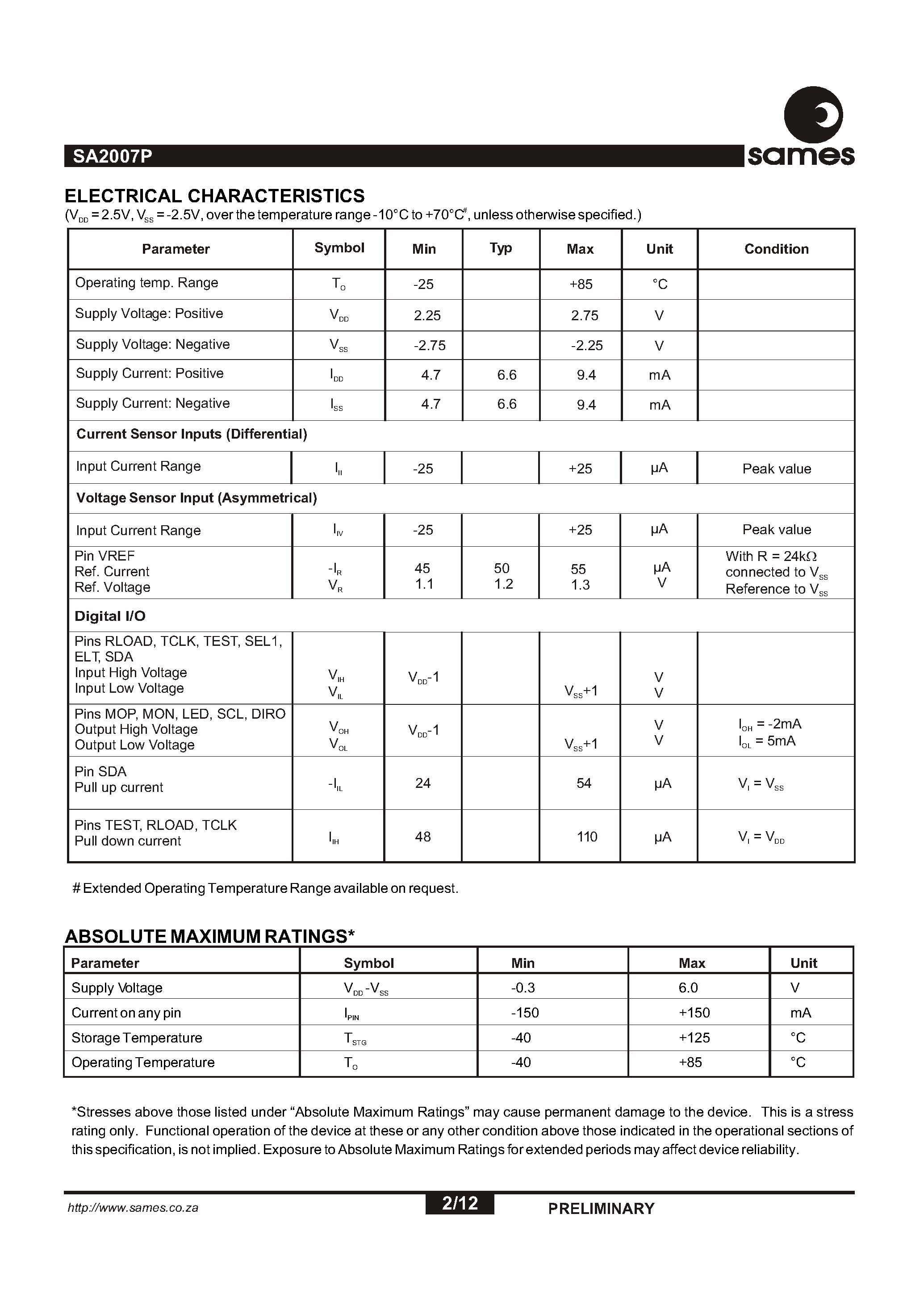 Datasheet SA2007P - Programmable Single Phase Energy Metering IC with Tamper Detection page 2