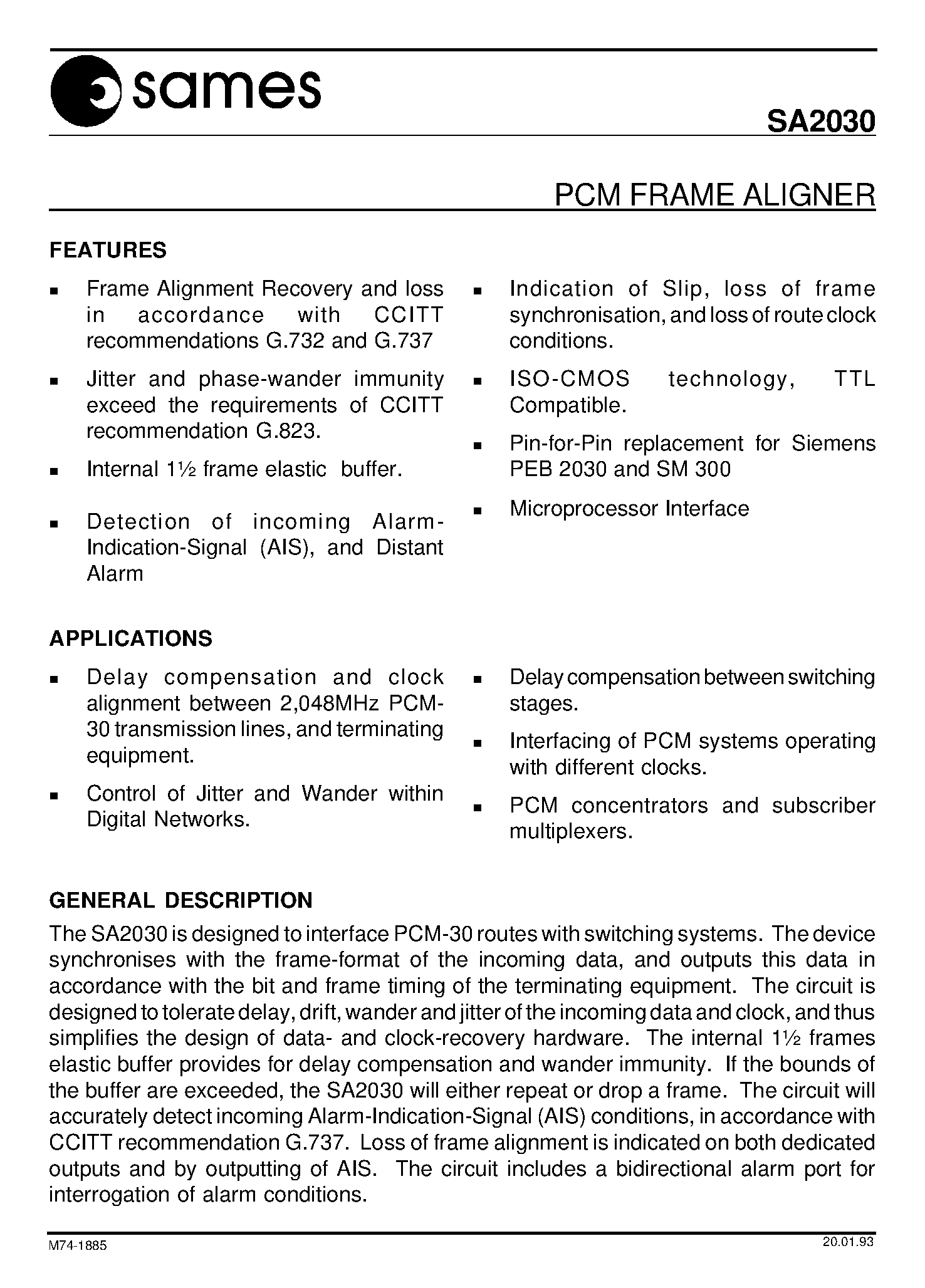 Datasheet SA2030 - PCM FRAME ALIGNER page 1