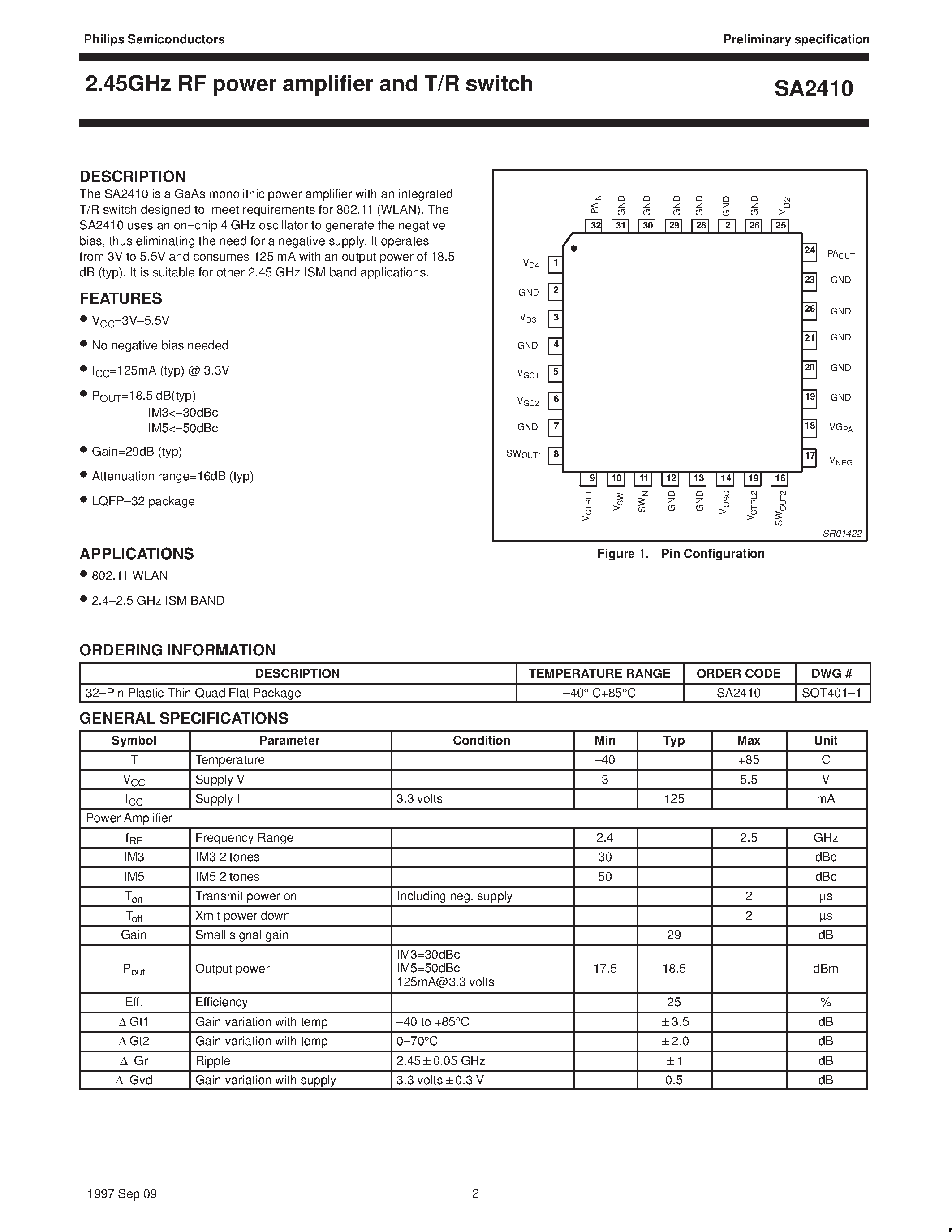 Datasheet SA2410 - 2.45GHz RF power amplifier and T/R switch page 2