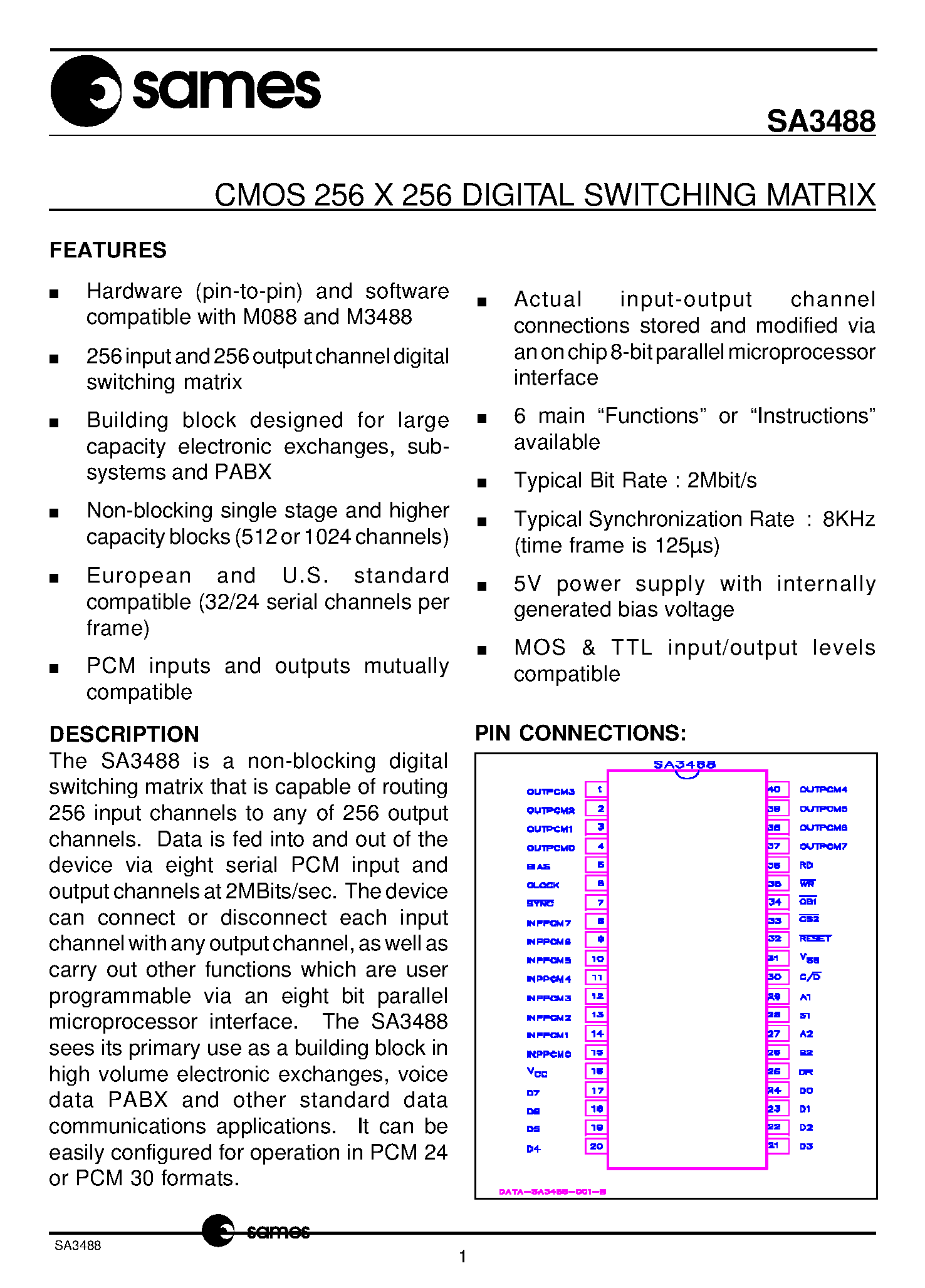 Даташит SA3488 - CMOS 256 X 256 DIGITAL SWITCHING MATRIX страница 1