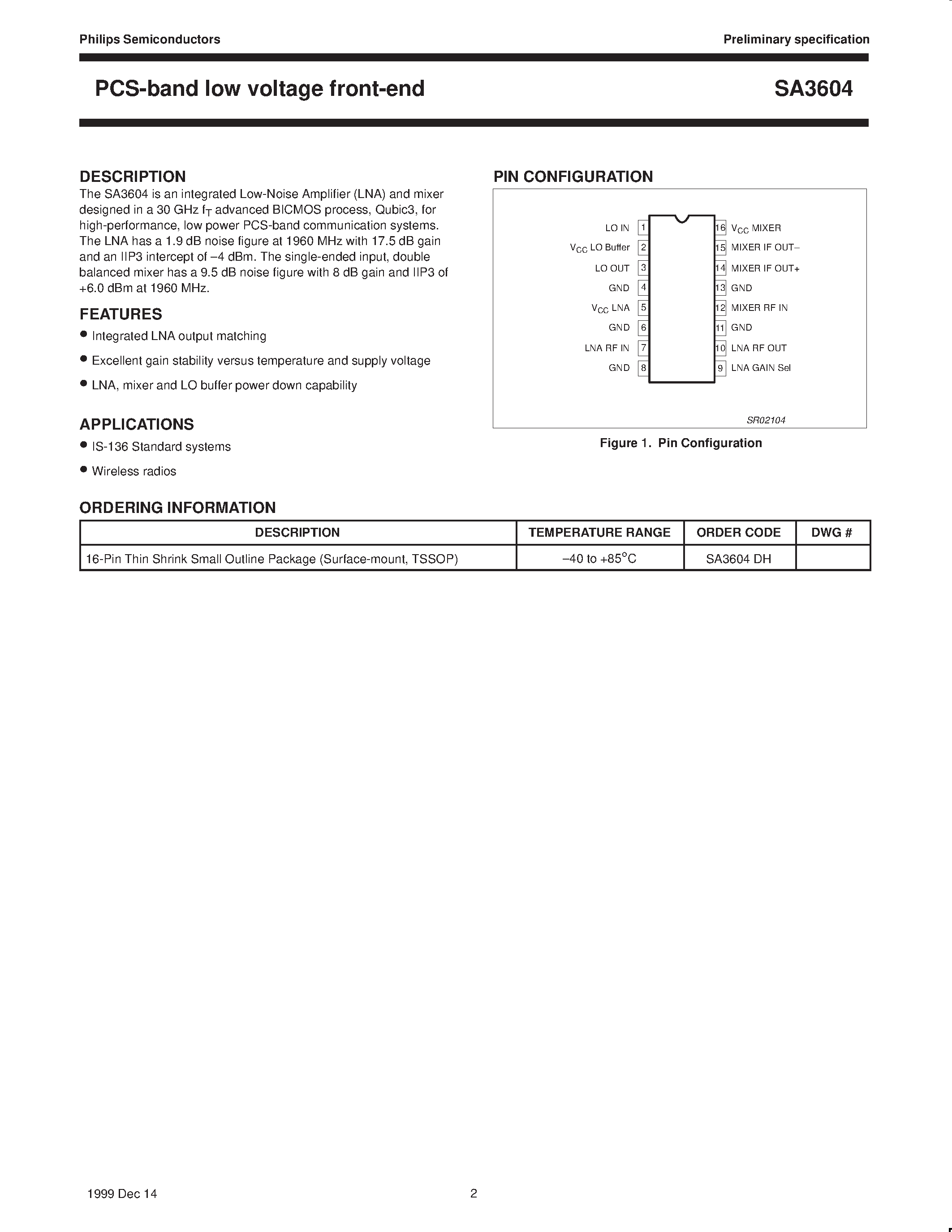 Datasheet SA3604DH - PCS-band low voltage front-end page 2