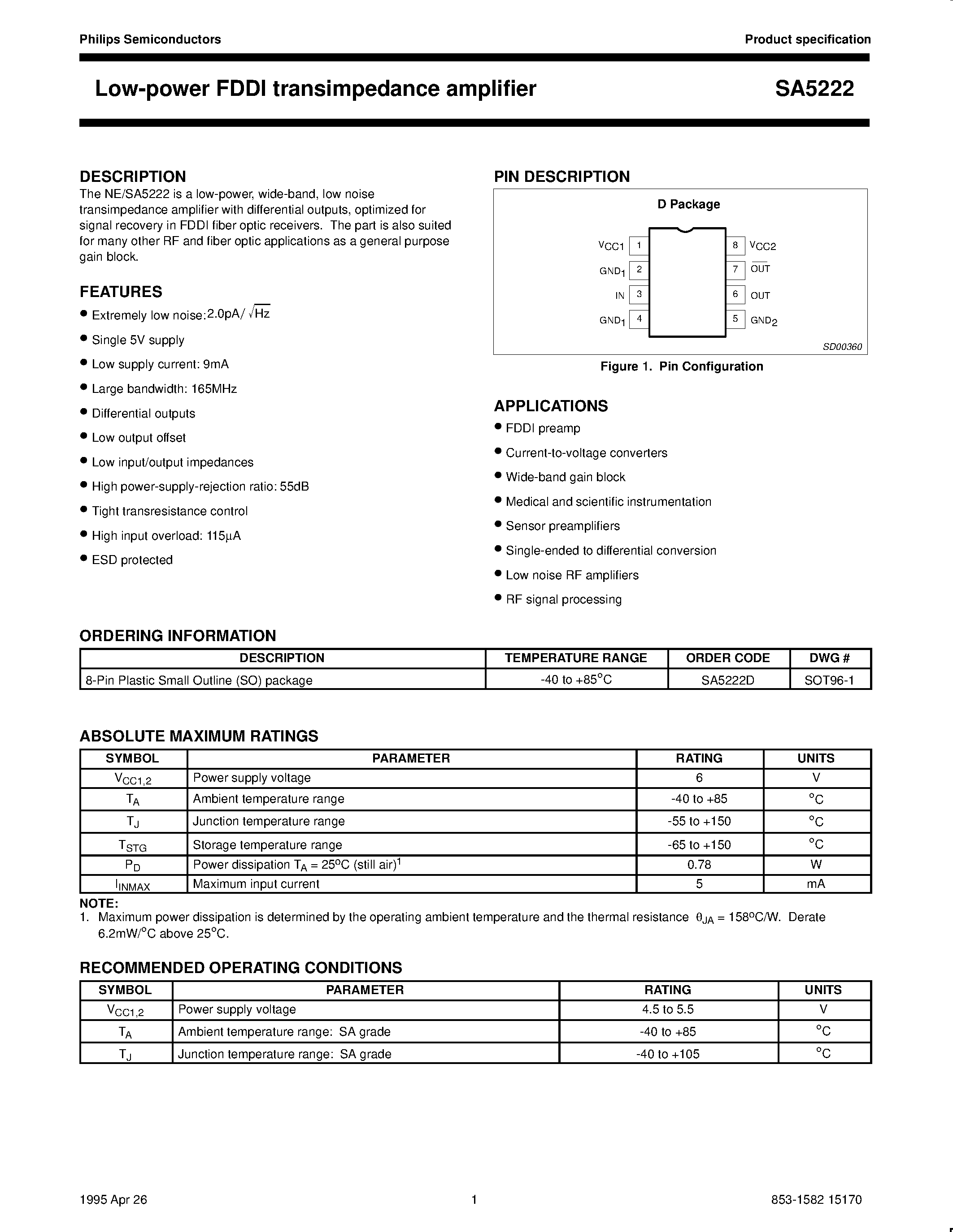 Даташит SA5222 - Low-power FDDI transimpedance amplifier страница 1