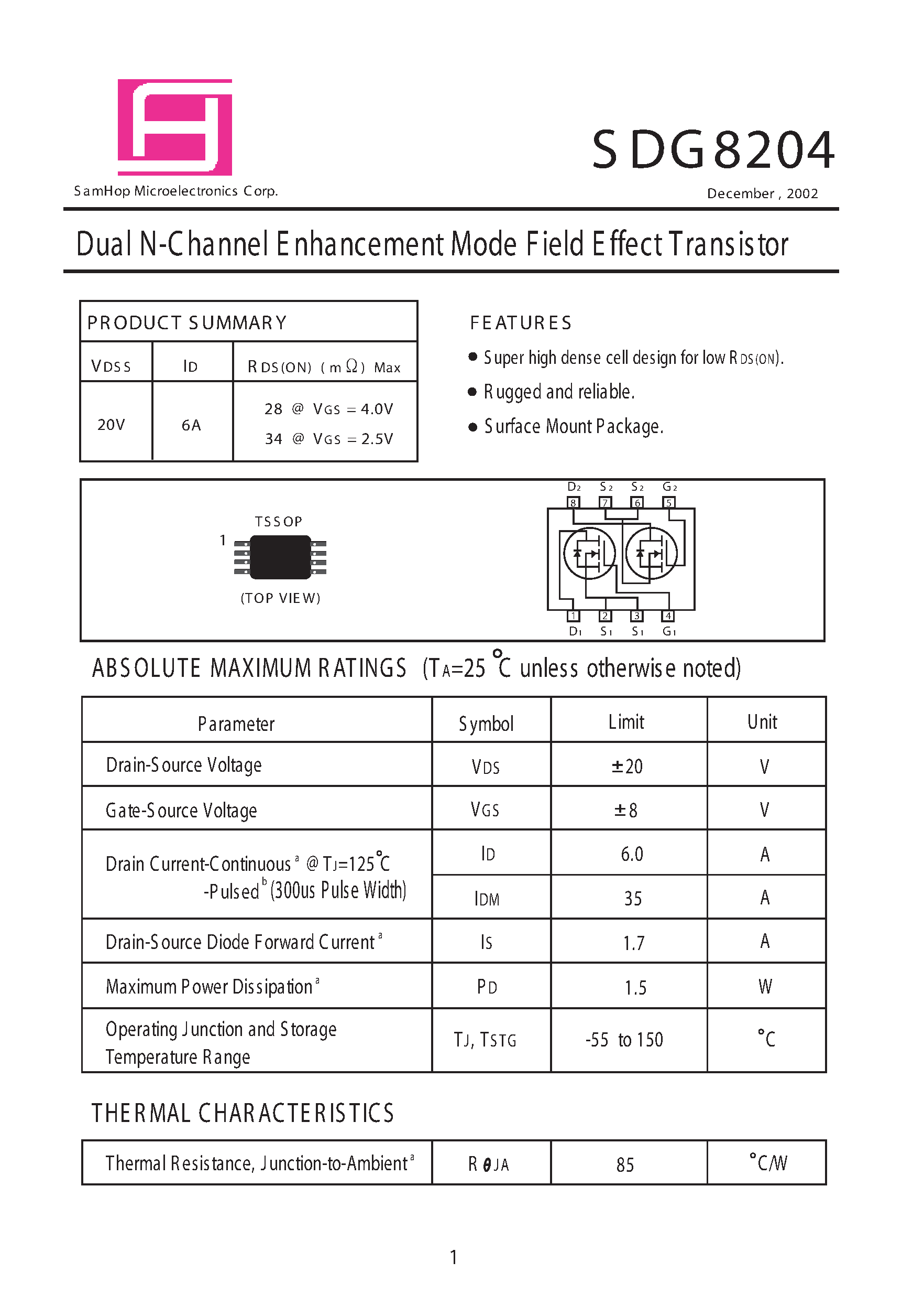 Datasheet SDG8204 - Dual N-Channel E nhancement Mode F ield E ffect Transistor page 1