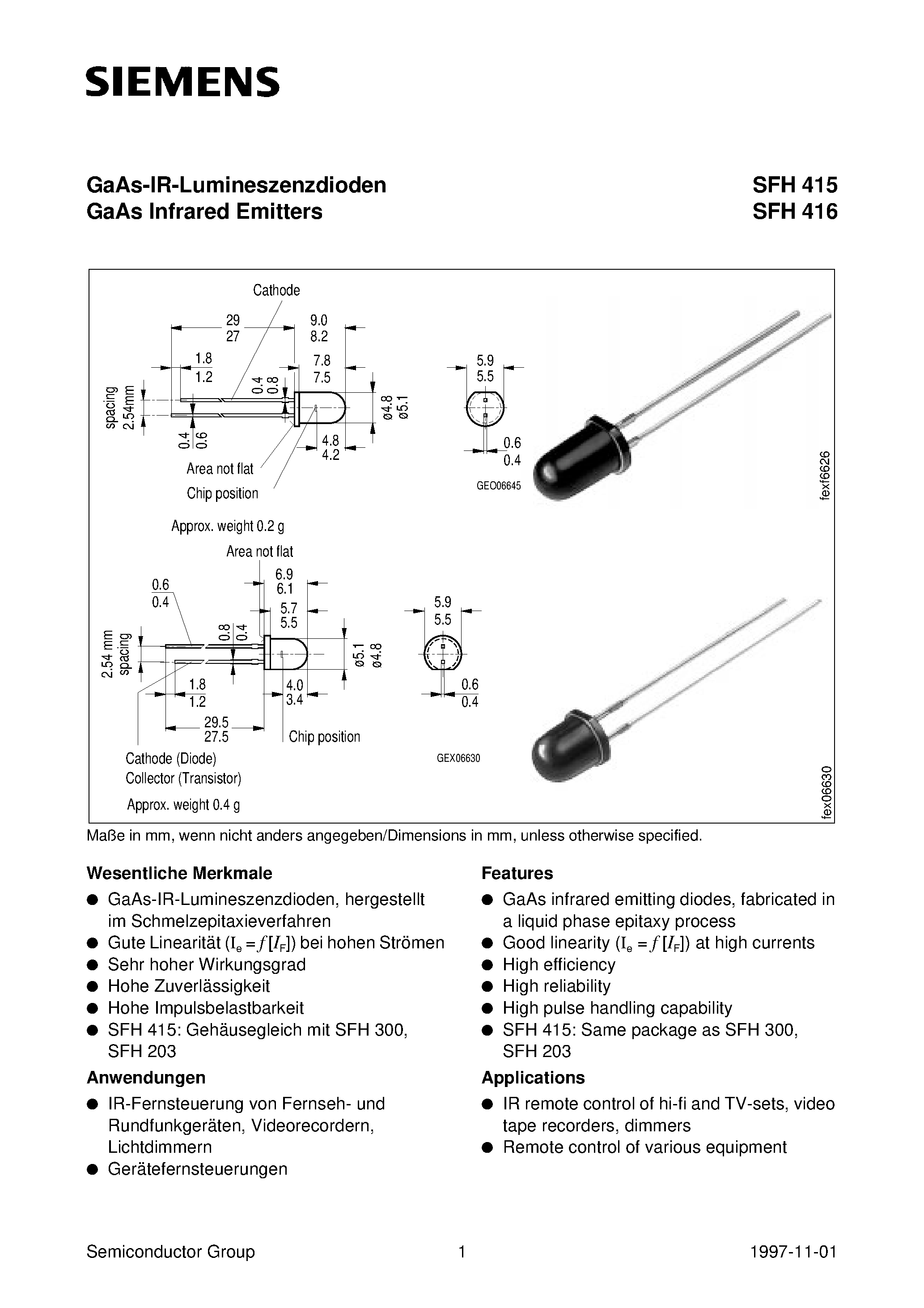 Datasheet SFH415-U - GaAs-IR-Lumineszenzdioden GaAs Infrared Emitters page 1