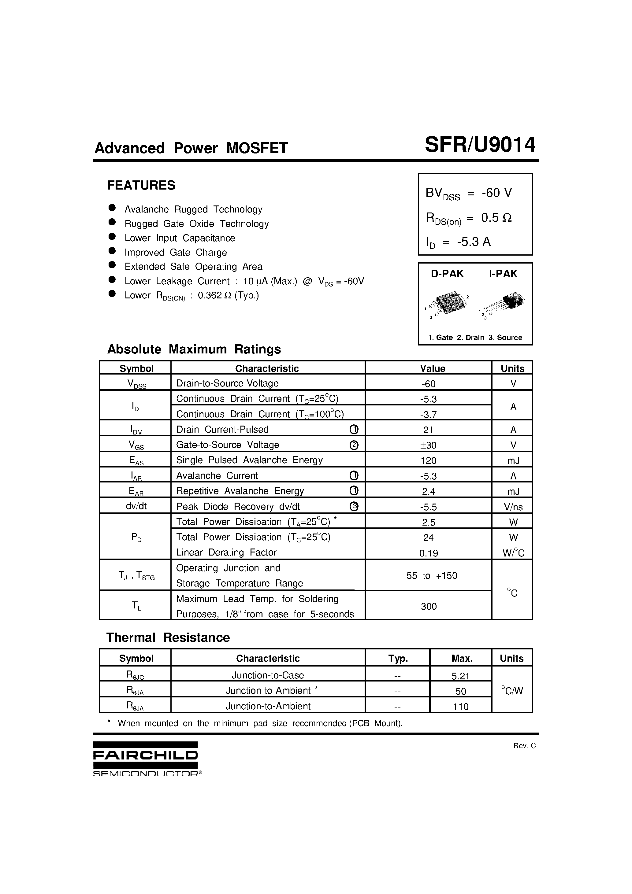 Datasheet SFR/U9014 - Advanced Power MOSFET page 1