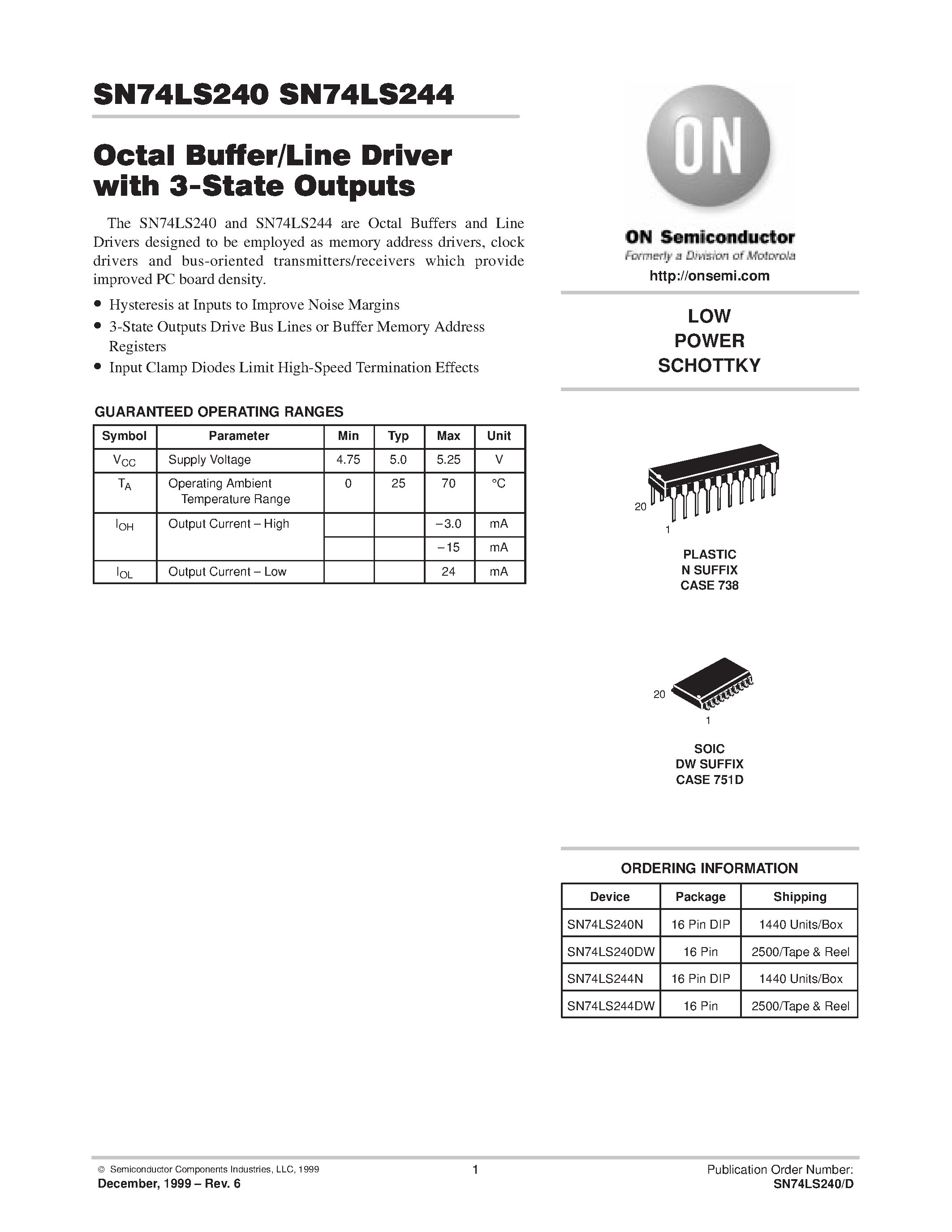 Datasheet SN74LS240 - Octal Buffer/Line Driver with 3-State Outputs page 1