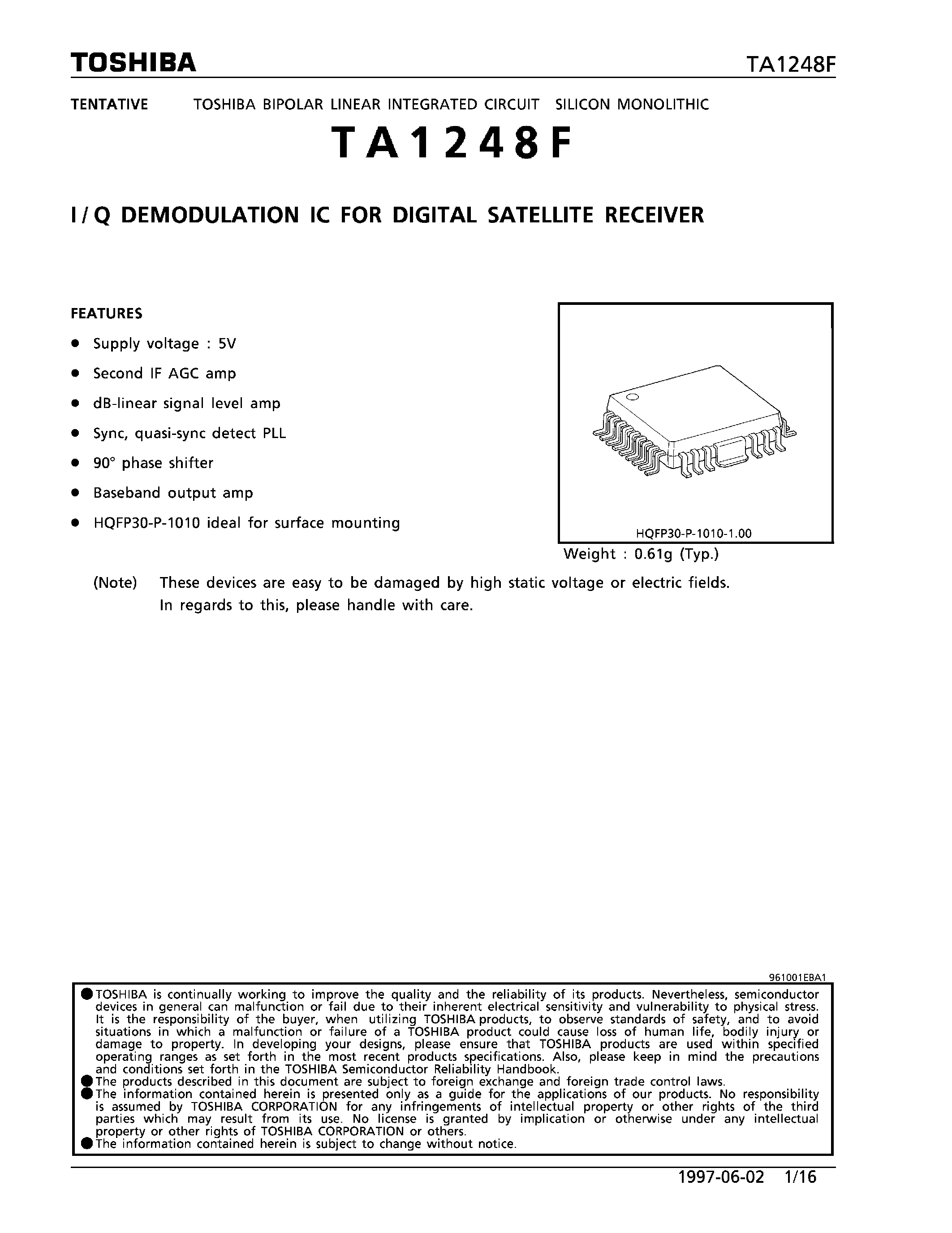 Даташит TA1248F - I/Q DEMODULATION IC FOR DIGITAL SATELLITE RECEIVER страница 1