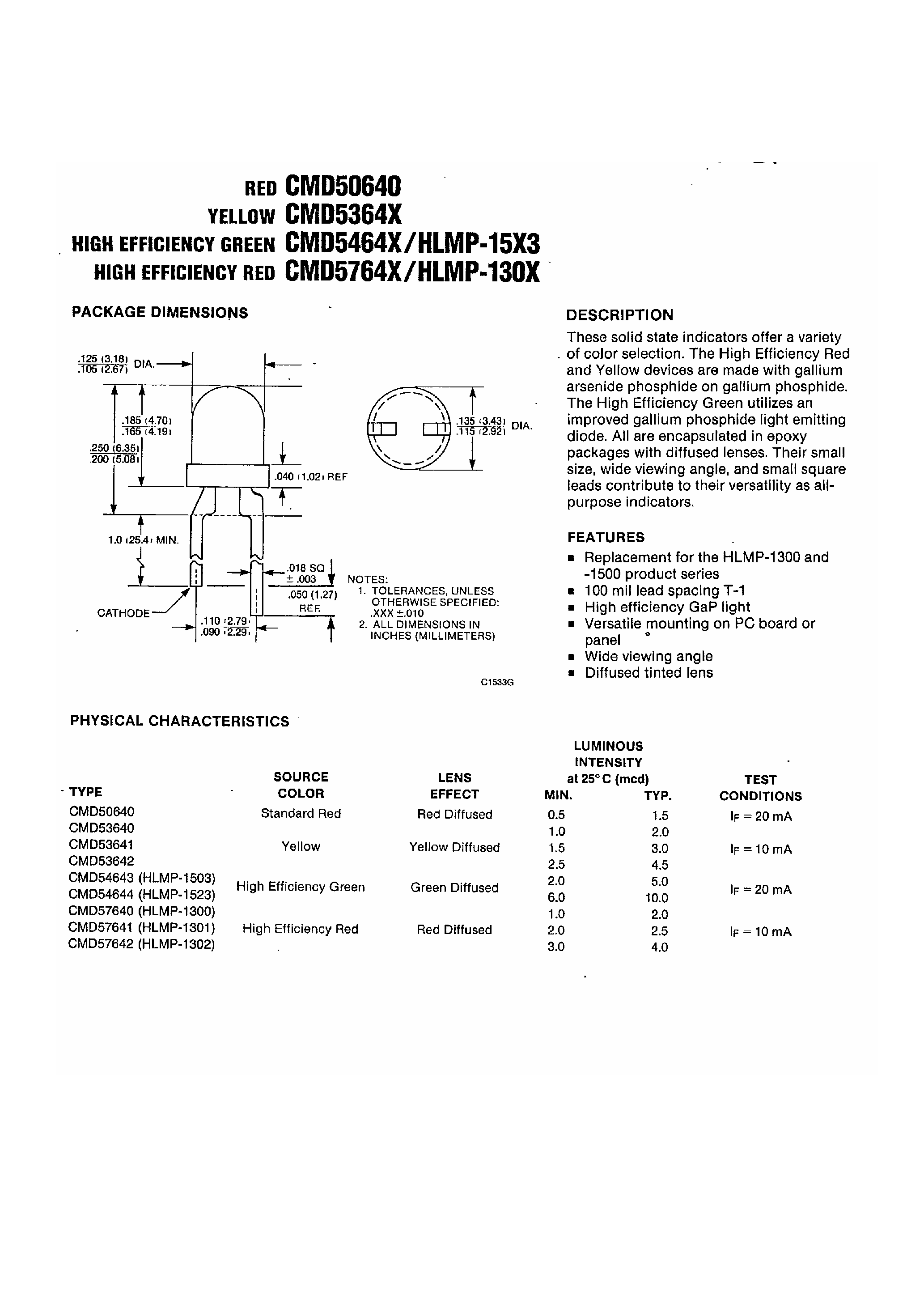 Datasheet HLMP1301 - Diffused T-100 Solid State Lamps page 1
