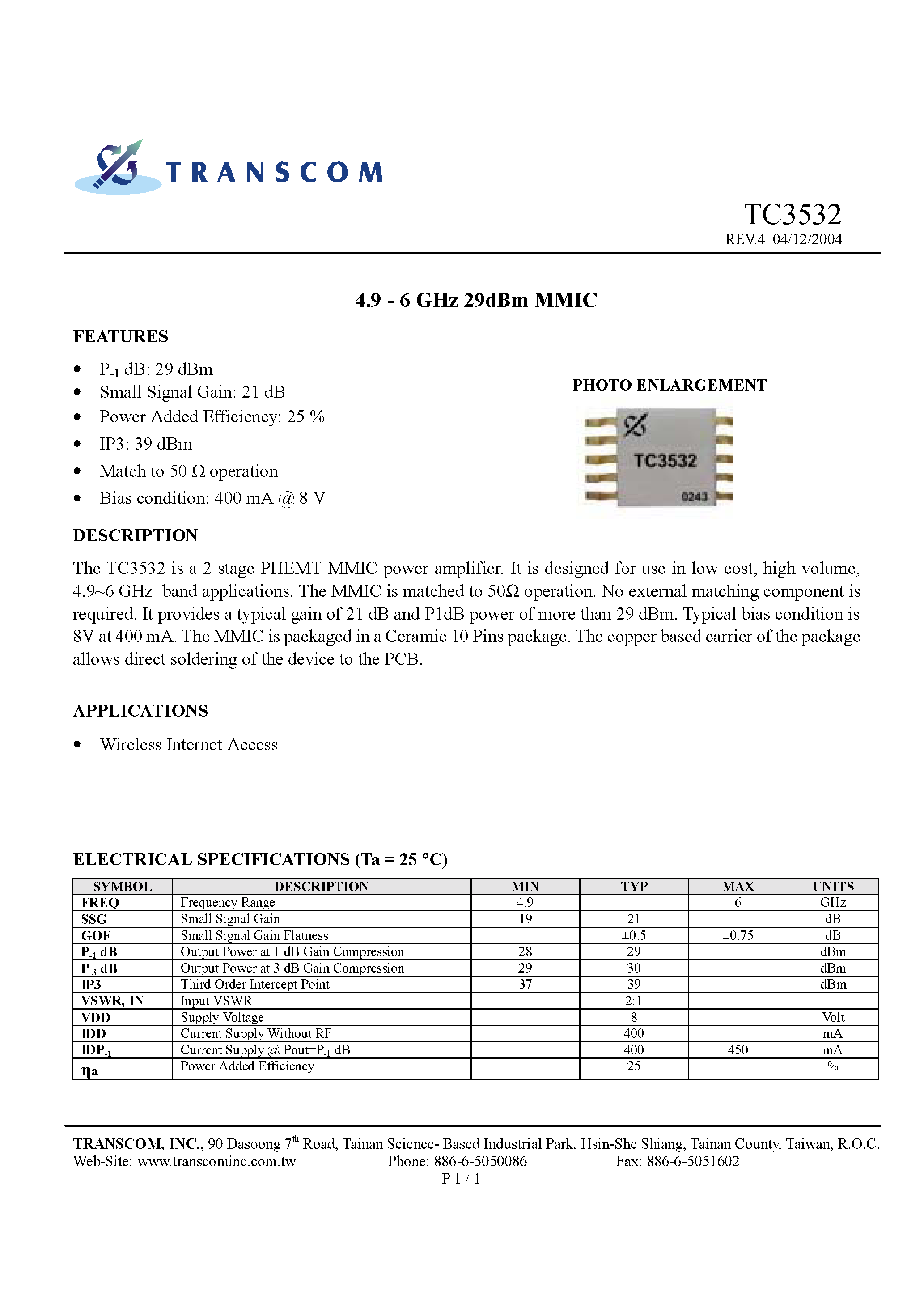 Даташит TC3532 - 4.9 - 6 GHz 29dBm MMIC страница 1