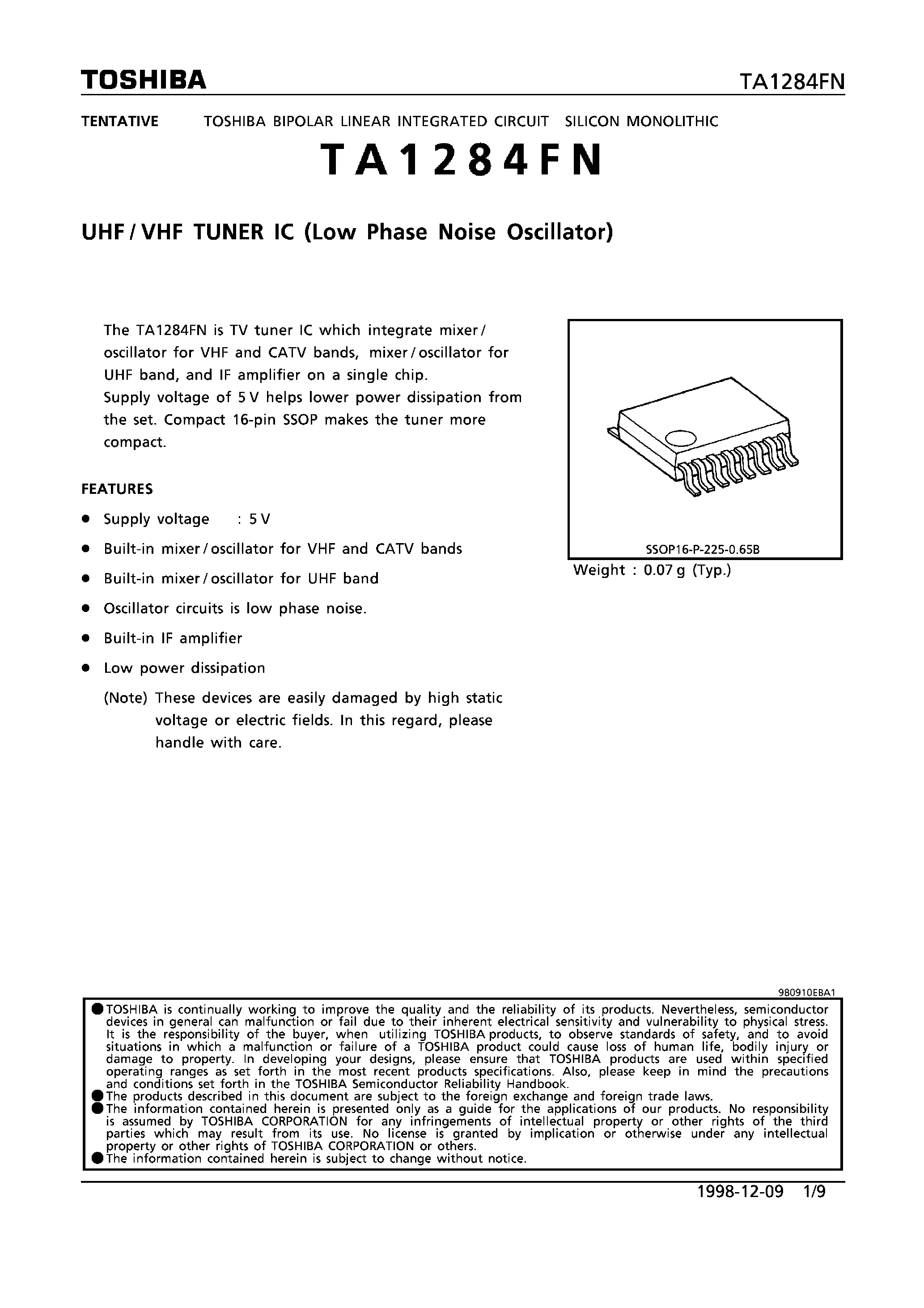 Даташит TA1284 - UHF/VHF TUNER IC страница 1