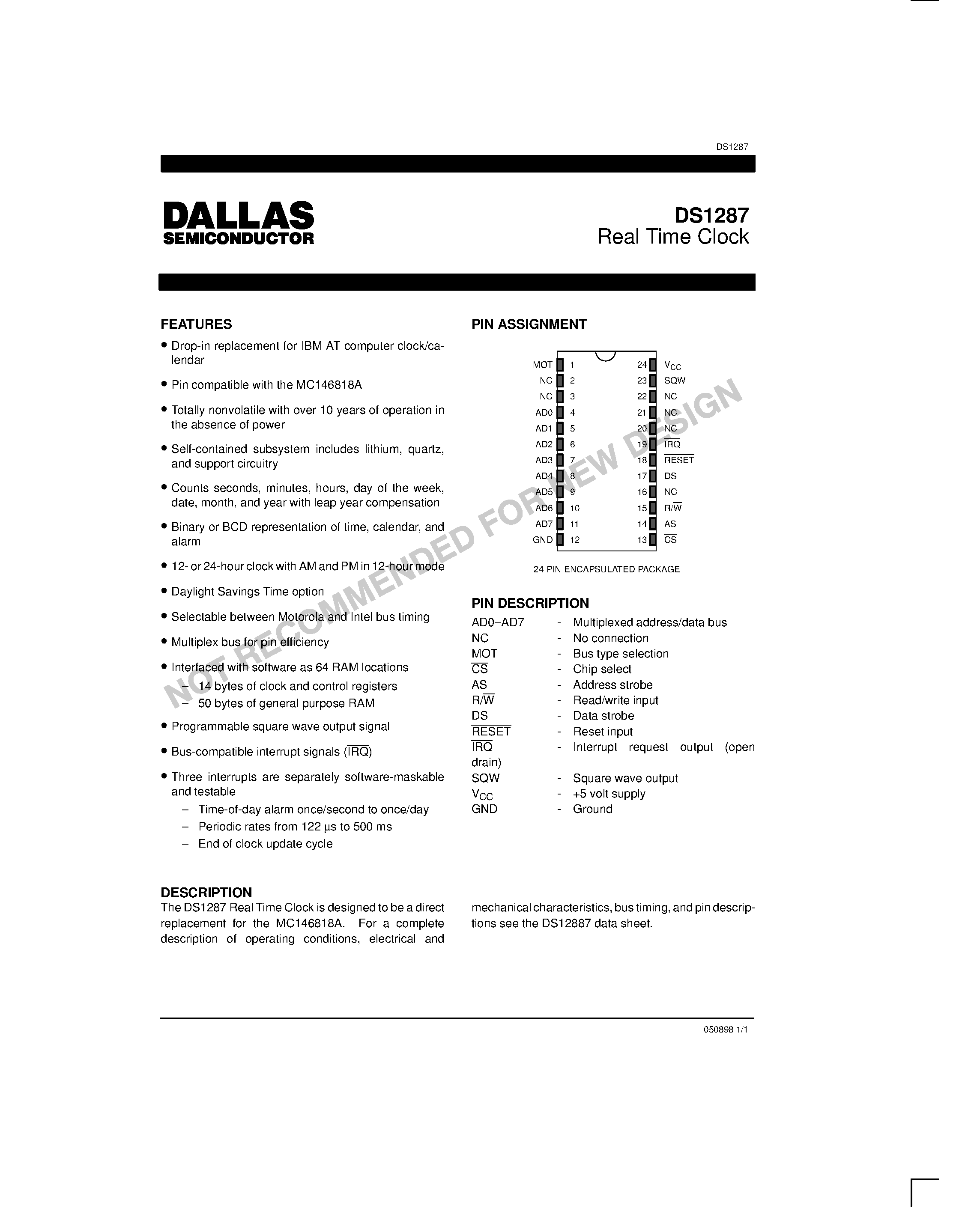 Datasheet DS1287 - Real Time Clock page 1