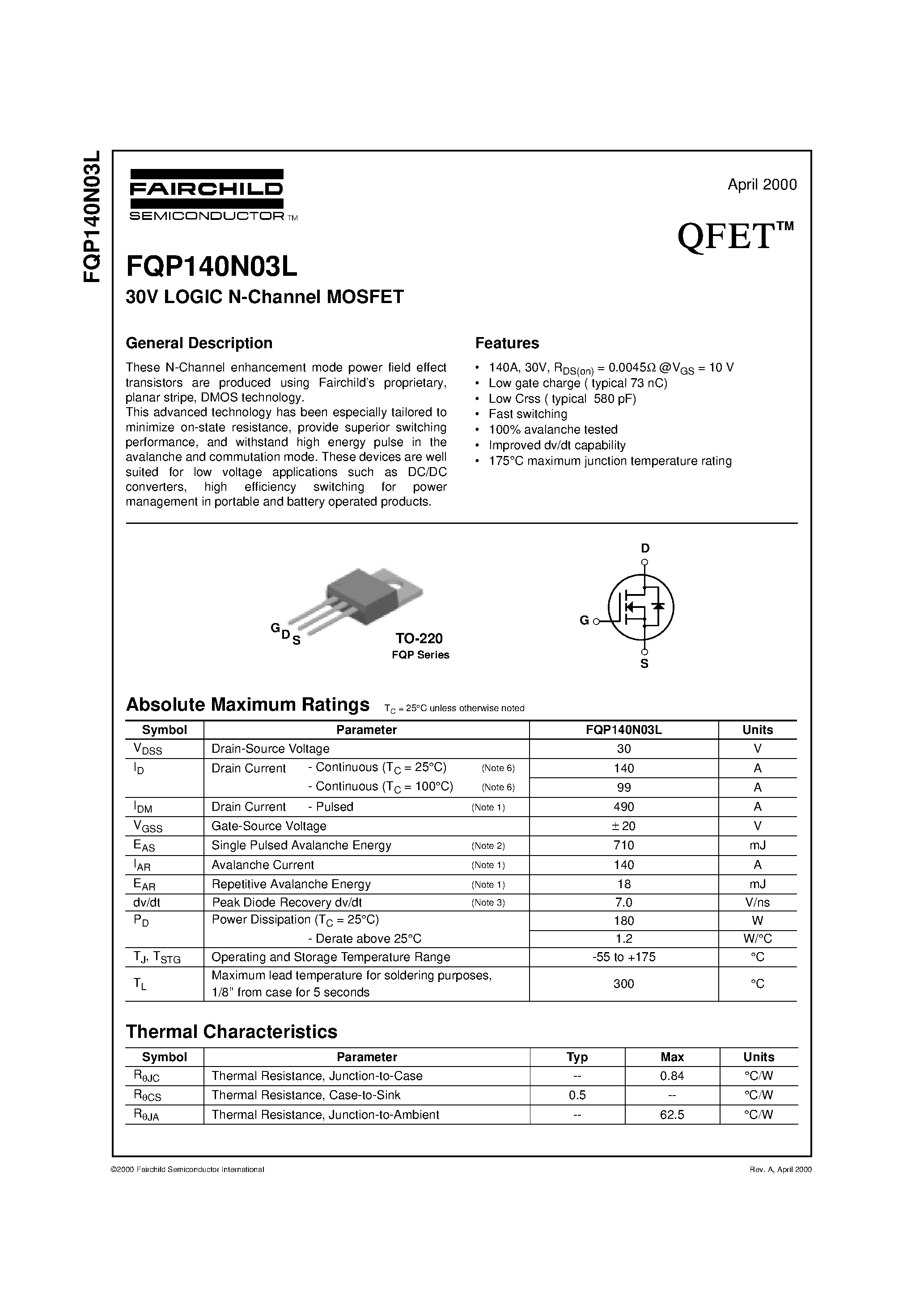 Даташит FQP140N03L - 30V LOGIC N-Channel MOSFET страница 1