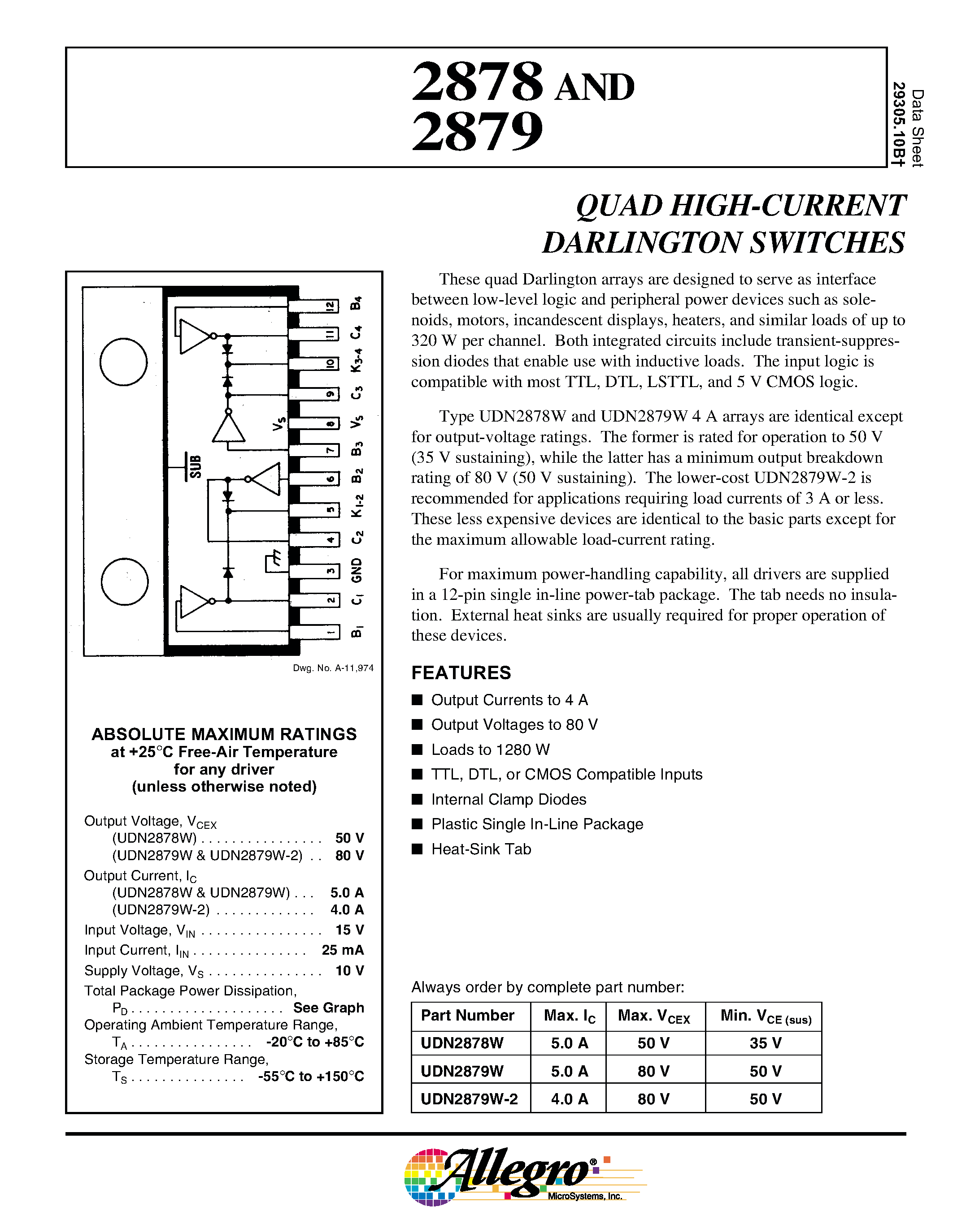 Datasheet 2878 - QUAD HIGH-CURRENT DARLINGTON SWITCHES page 1
