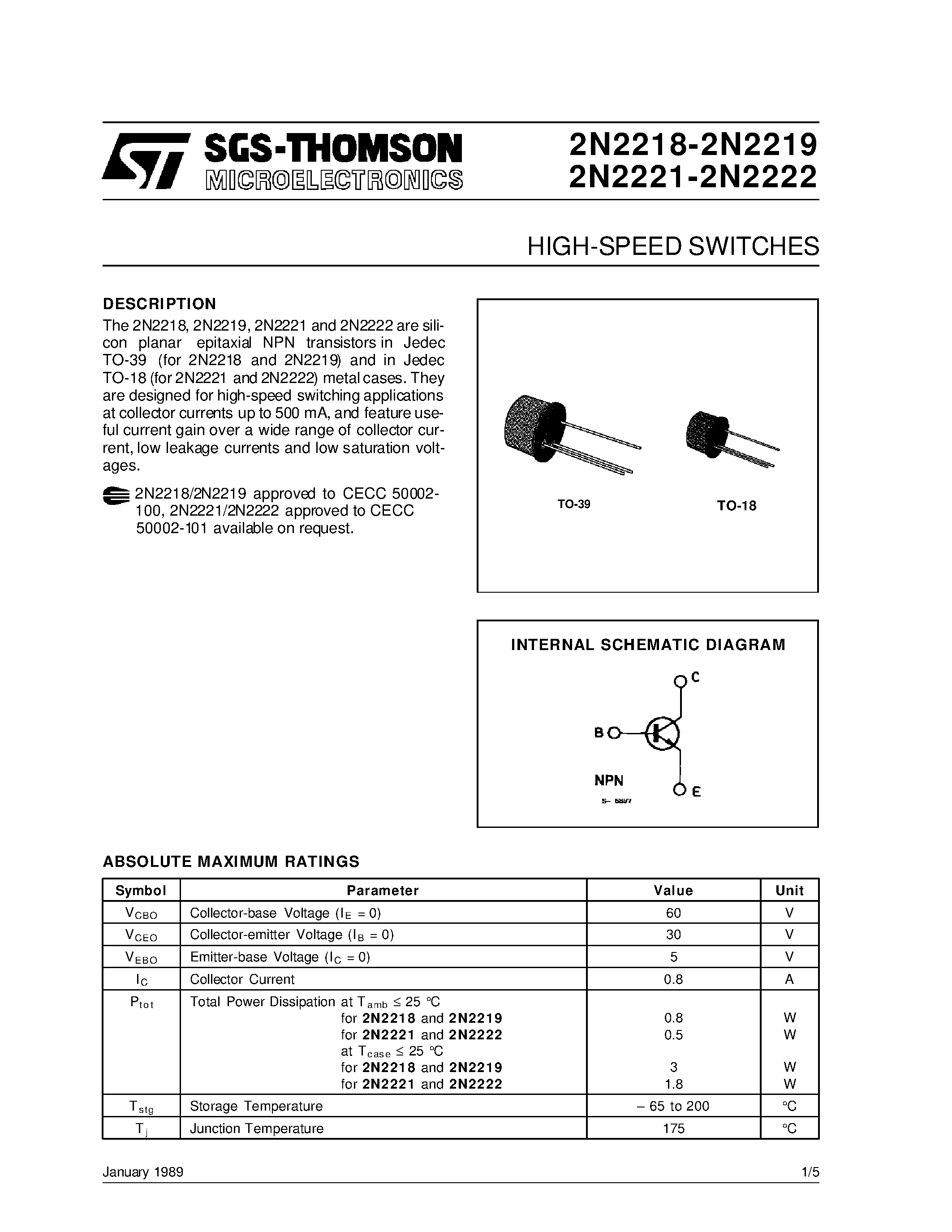 Datasheet 2N2218-2N2219 - HIGH-SPEED SWITCHES page 1