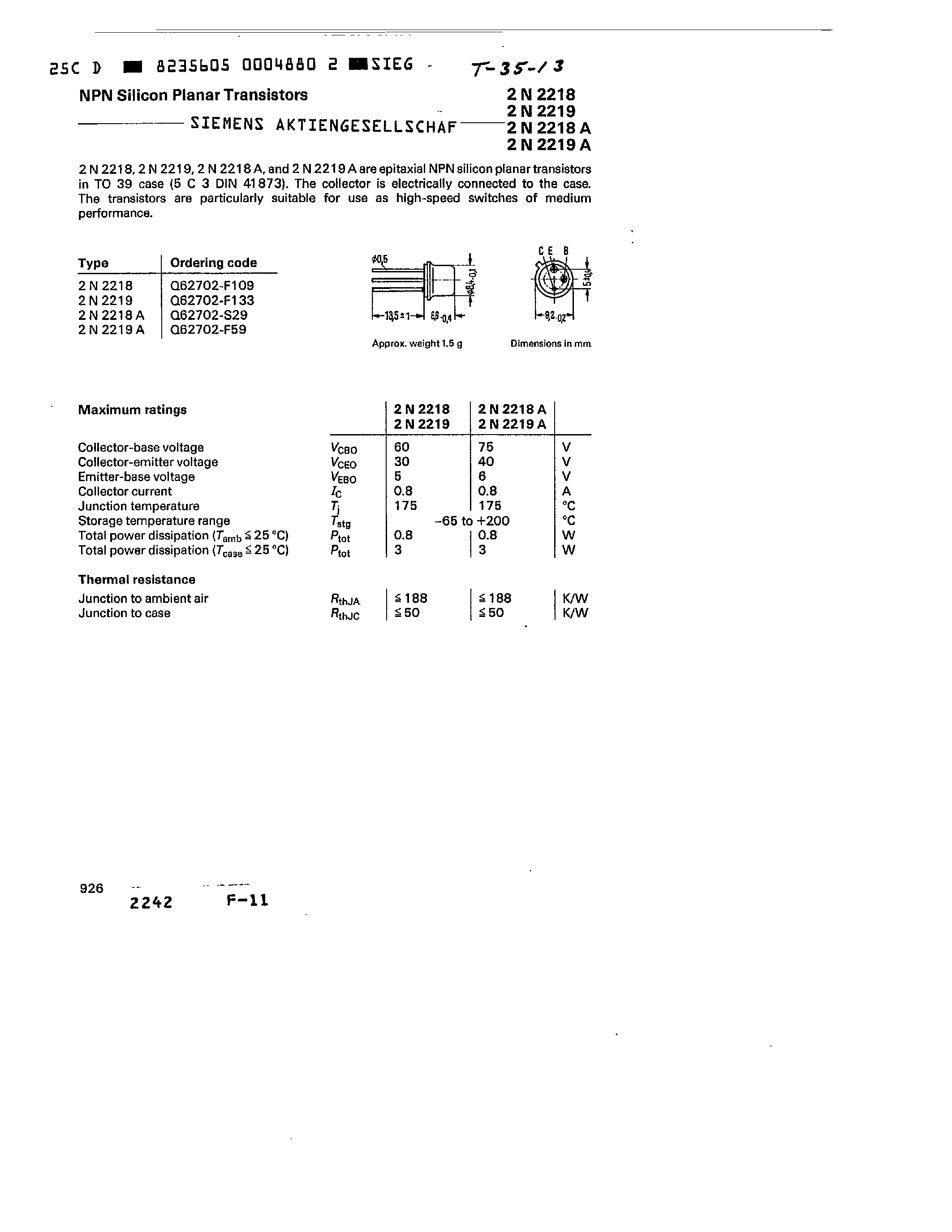 Datasheet 2N2219A - NPN Silicon Planar Transistors page 1