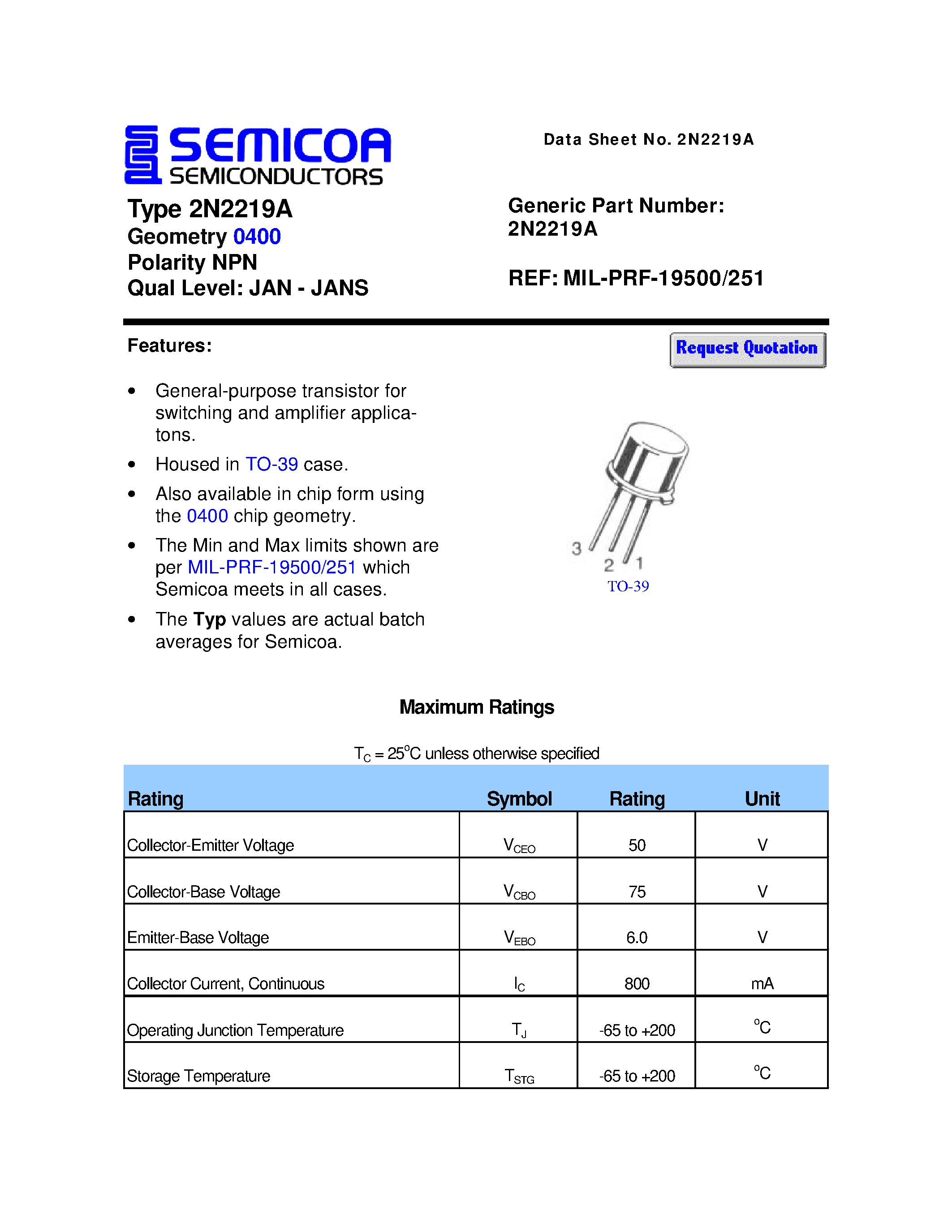Datasheet 2N2219A - Chip Type 2C2222A Geometry 0400 Polarity NPN page 1