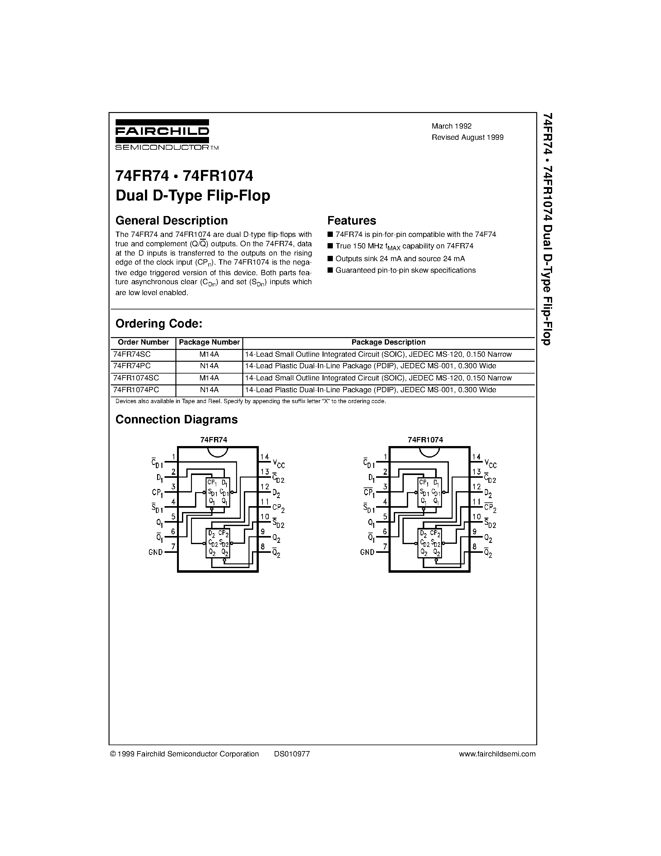 Datasheet 74FR1074SC - Dual D-Type Flip-Flop page 1