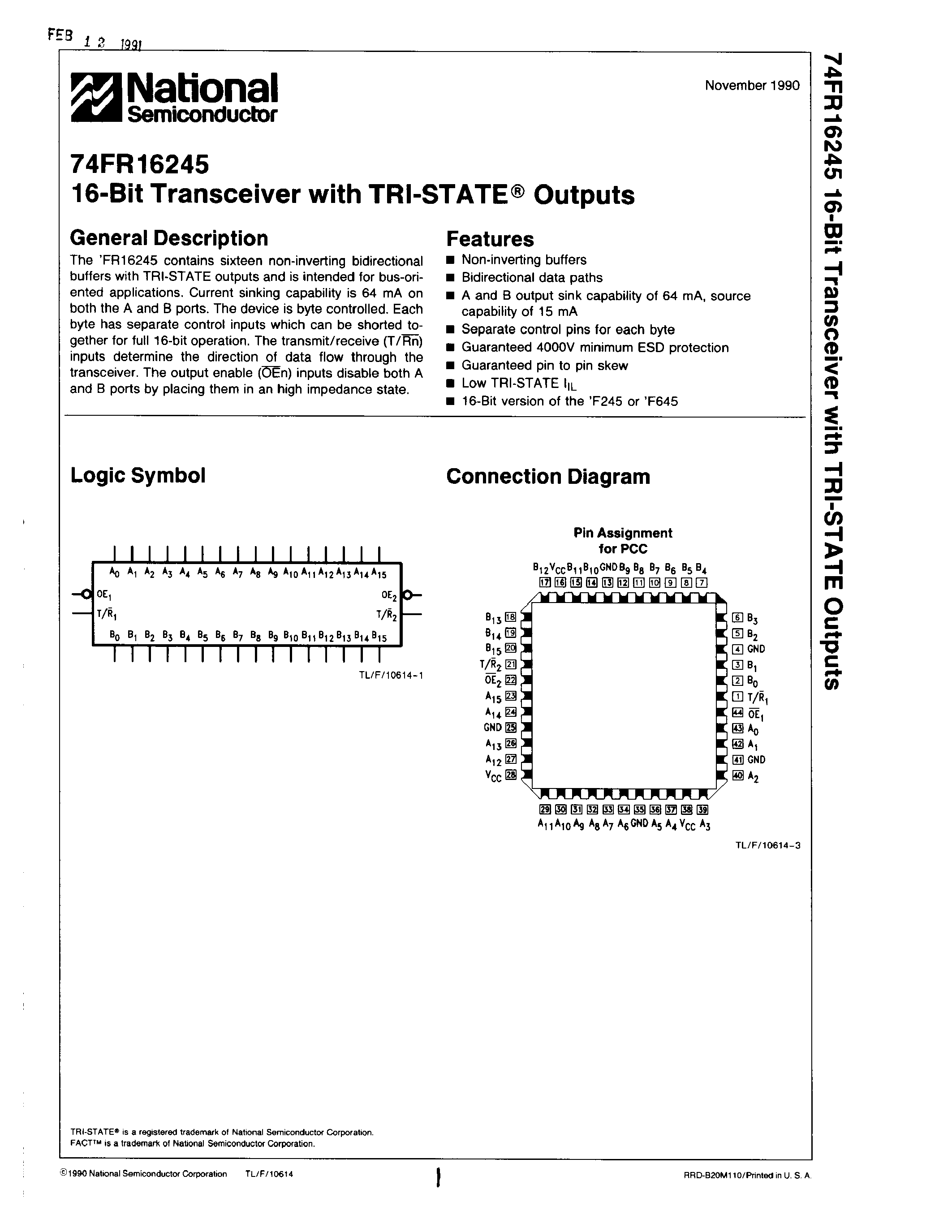 Datasheet 74FR16245 - 16-Bit Transceiver with TRI-STATE Outputs page 1