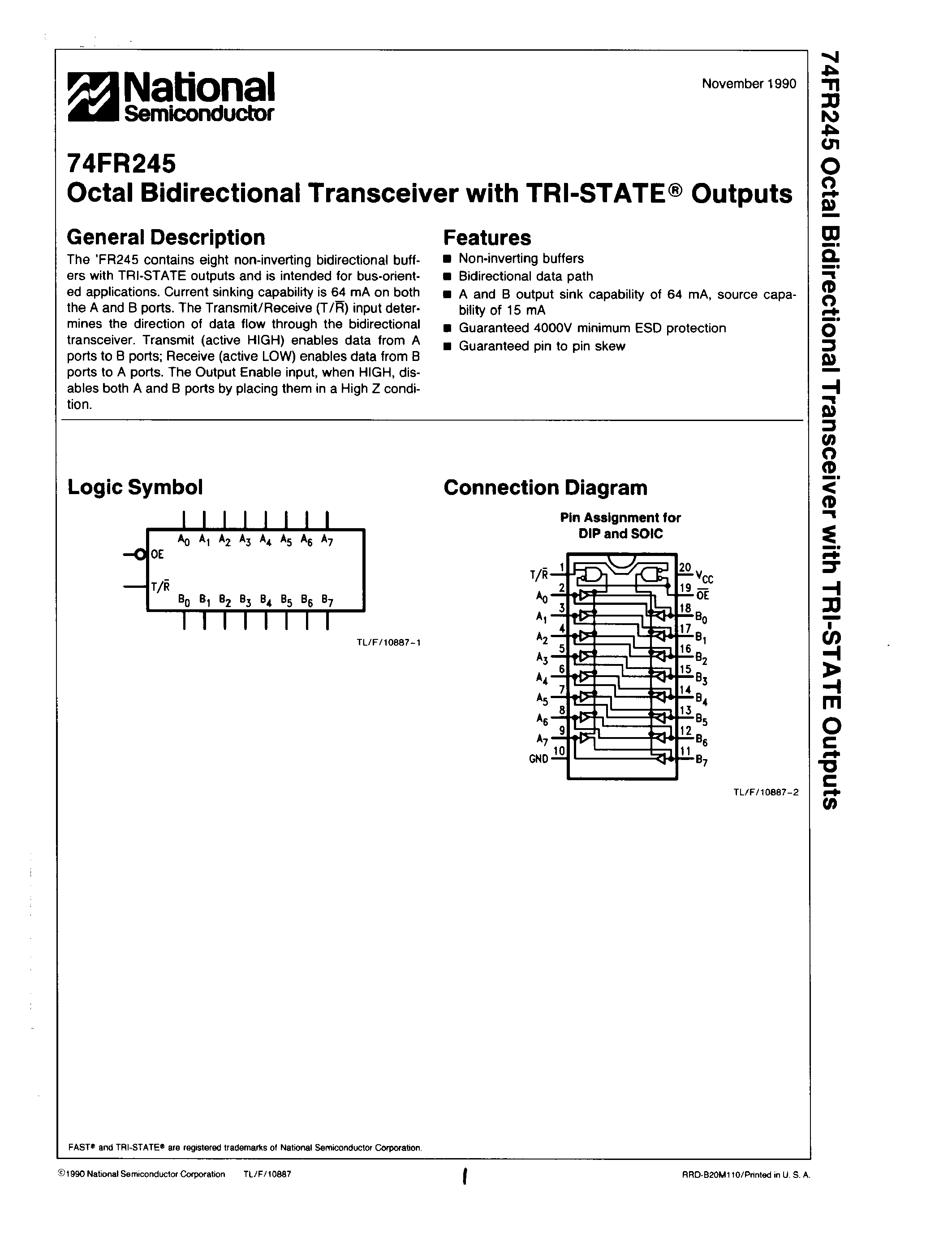 Даташит 74FR245 - Octal Bidirectional Transceiver with TRI-STATE Outputs страница 1