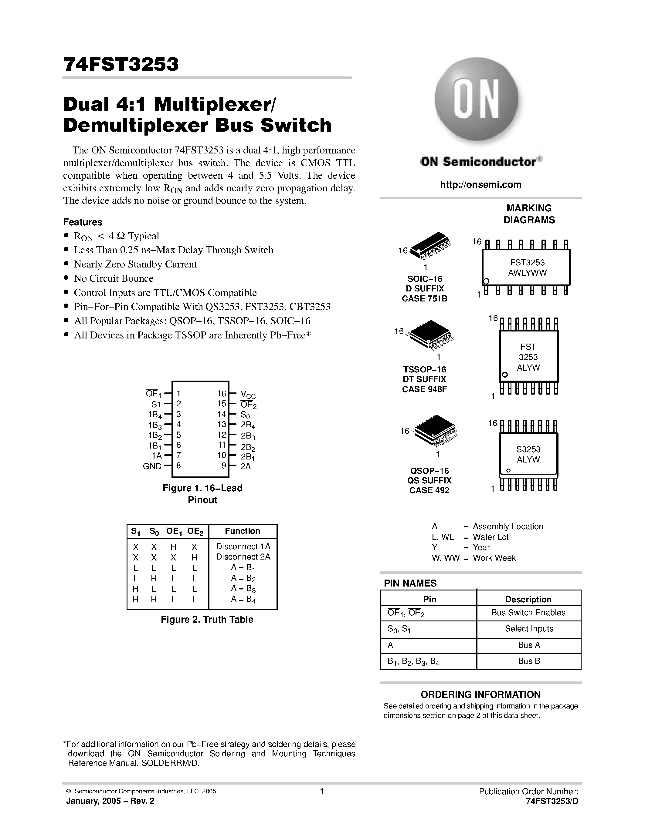 Даташит 74FST3253 - Dual 4:1 Multiplexer/ Demultiplexer Bus Switch страница 1