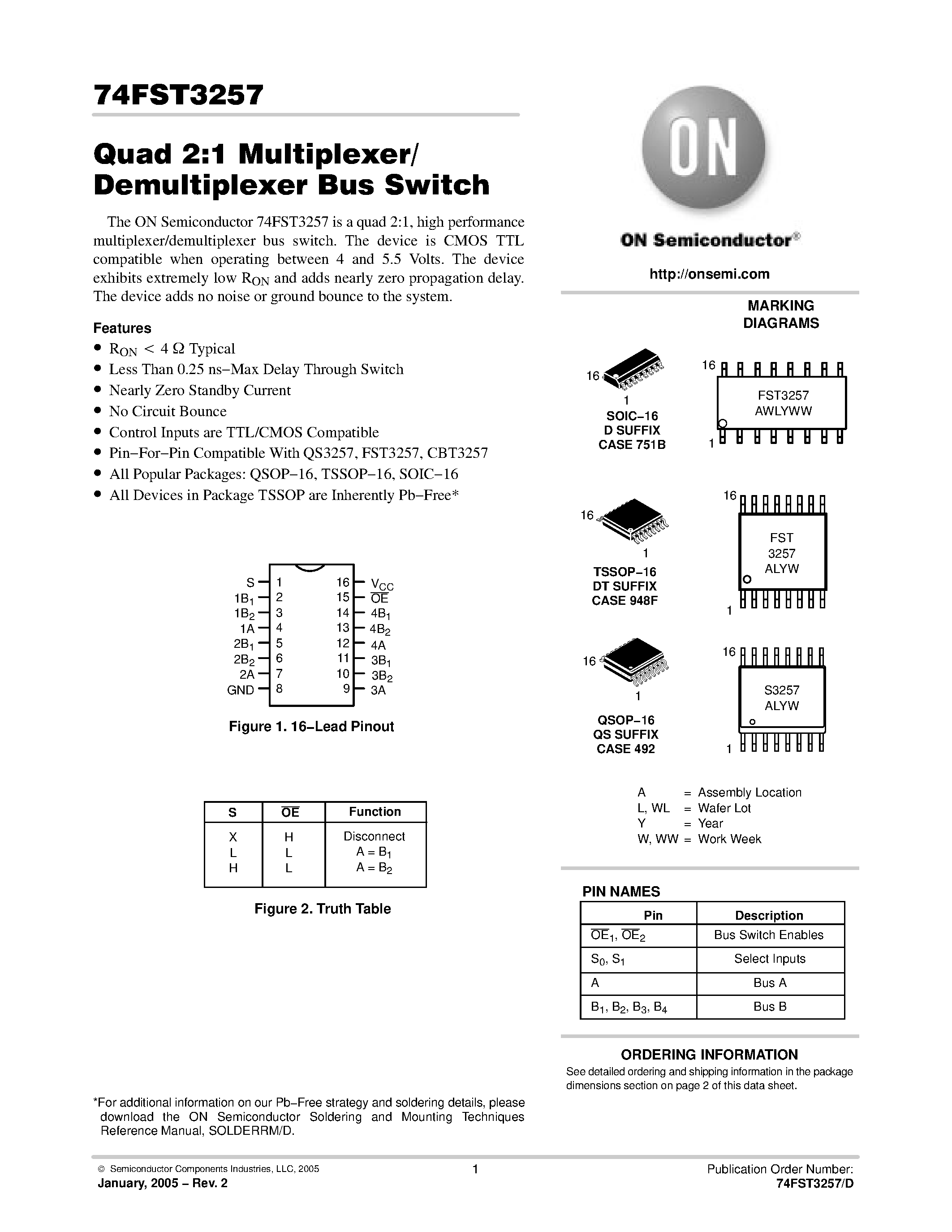 Даташит 74FST3257 - Quad 2:1 Multiplexer/ Demultiplexer Bus Switch страница 1
