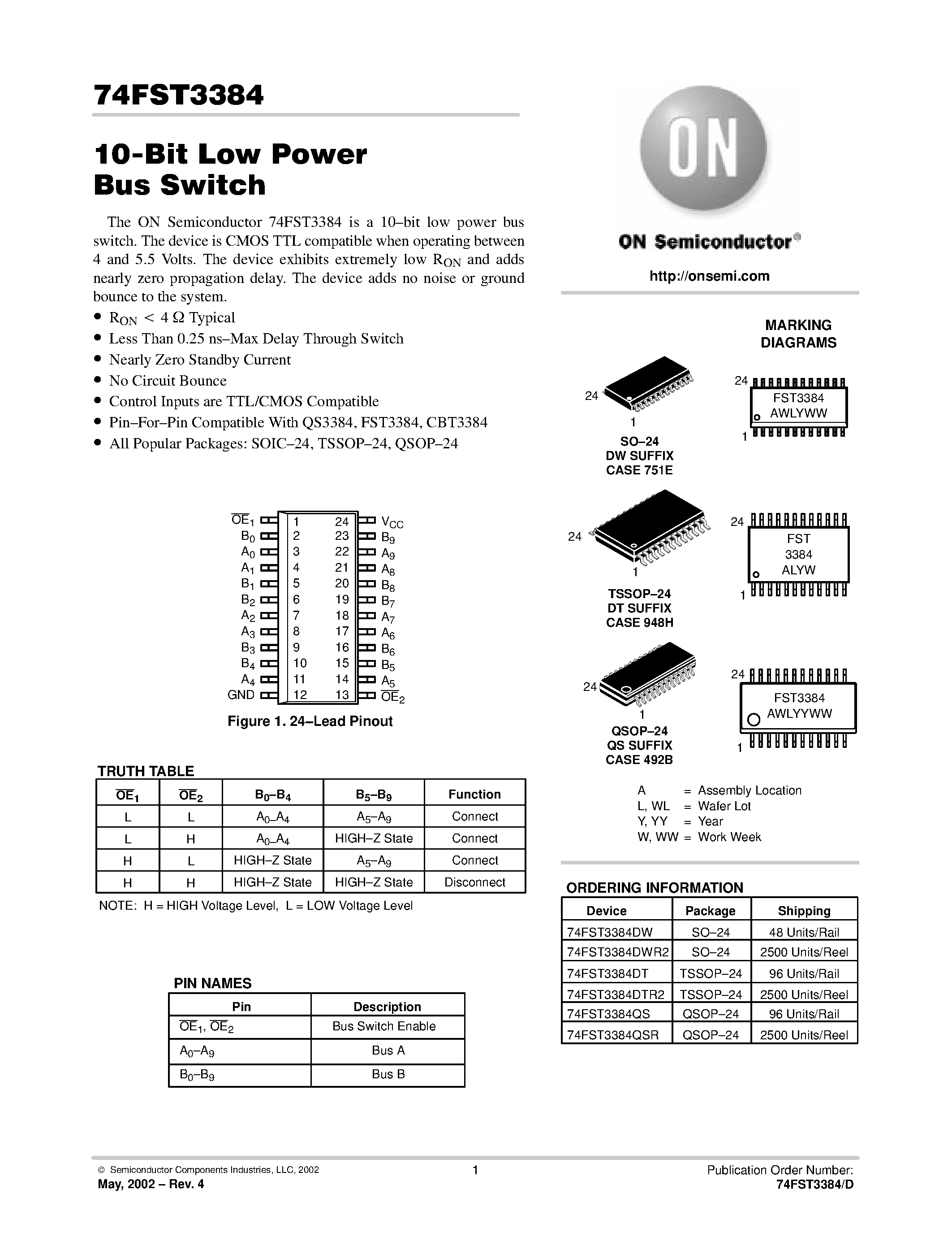 Даташит 74FST3384DT - 10-Bit Low Power Bus Switch страница 1