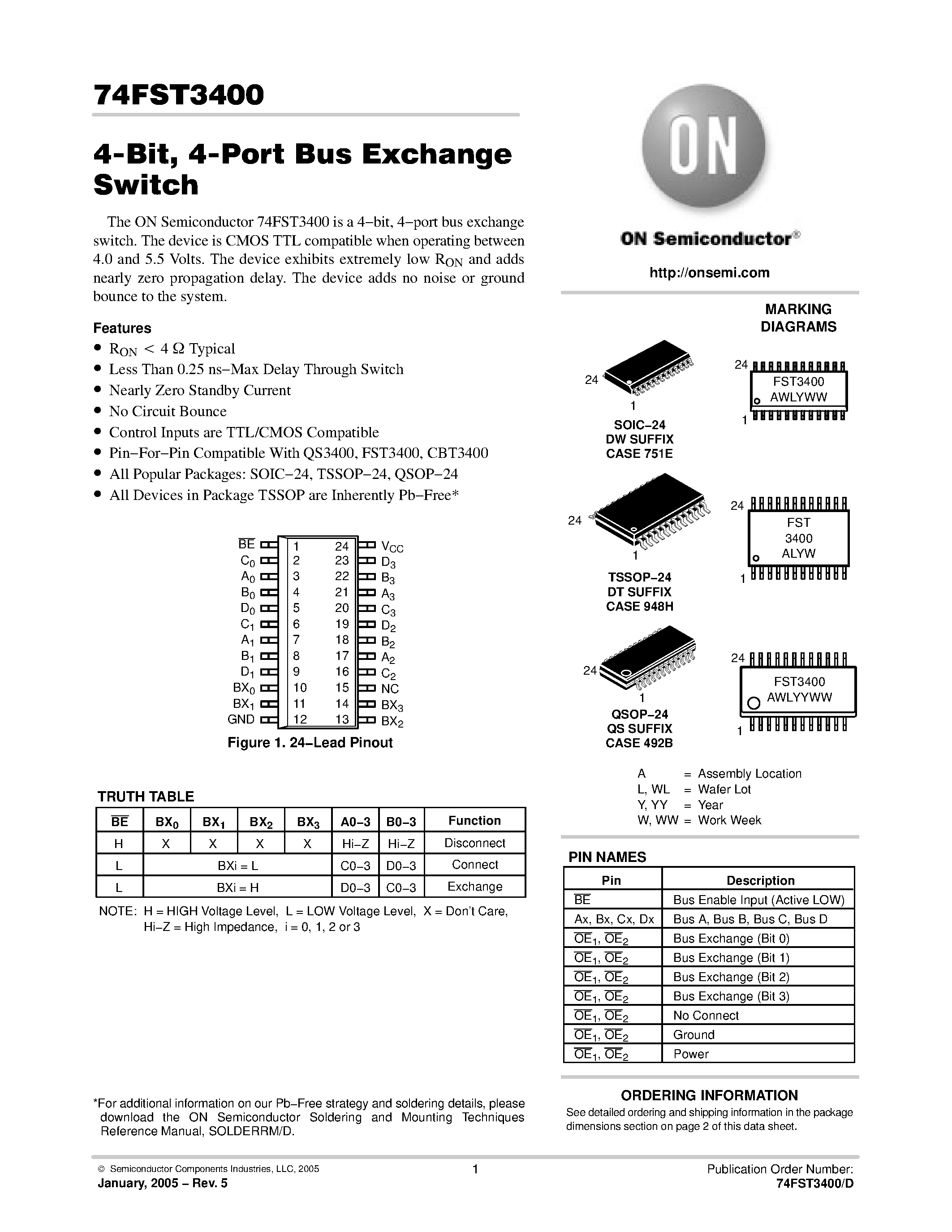Даташит 74FST3400QSR - 4-Bit / 4-Port Bus Exchange Switch страница 1