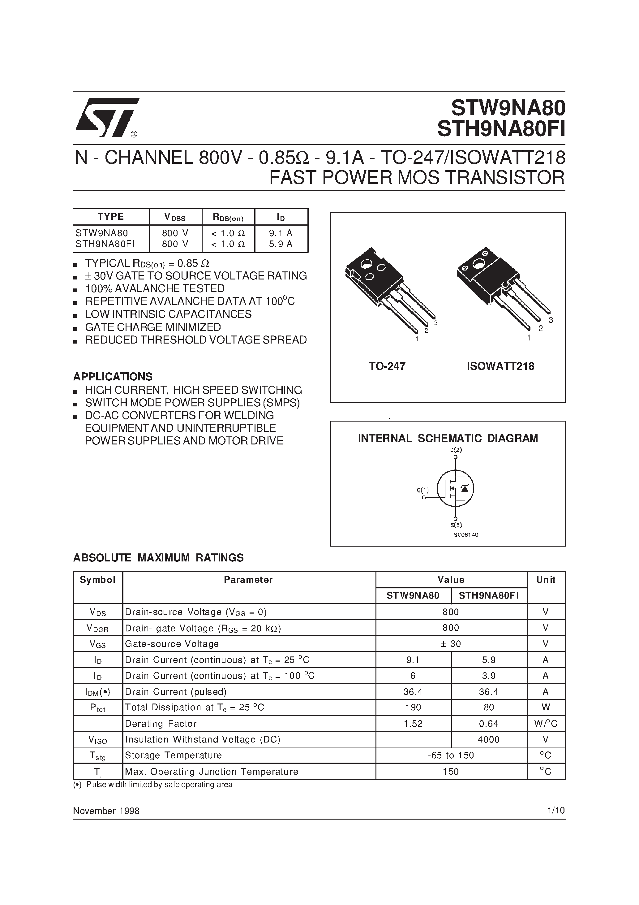 Datasheet STW9NA80 - N - CHANNEL 800V - 0.85ohm - 9.1A - TO-247/ISOWATT218 FAST POWER MOS TRANSISTOR page 1