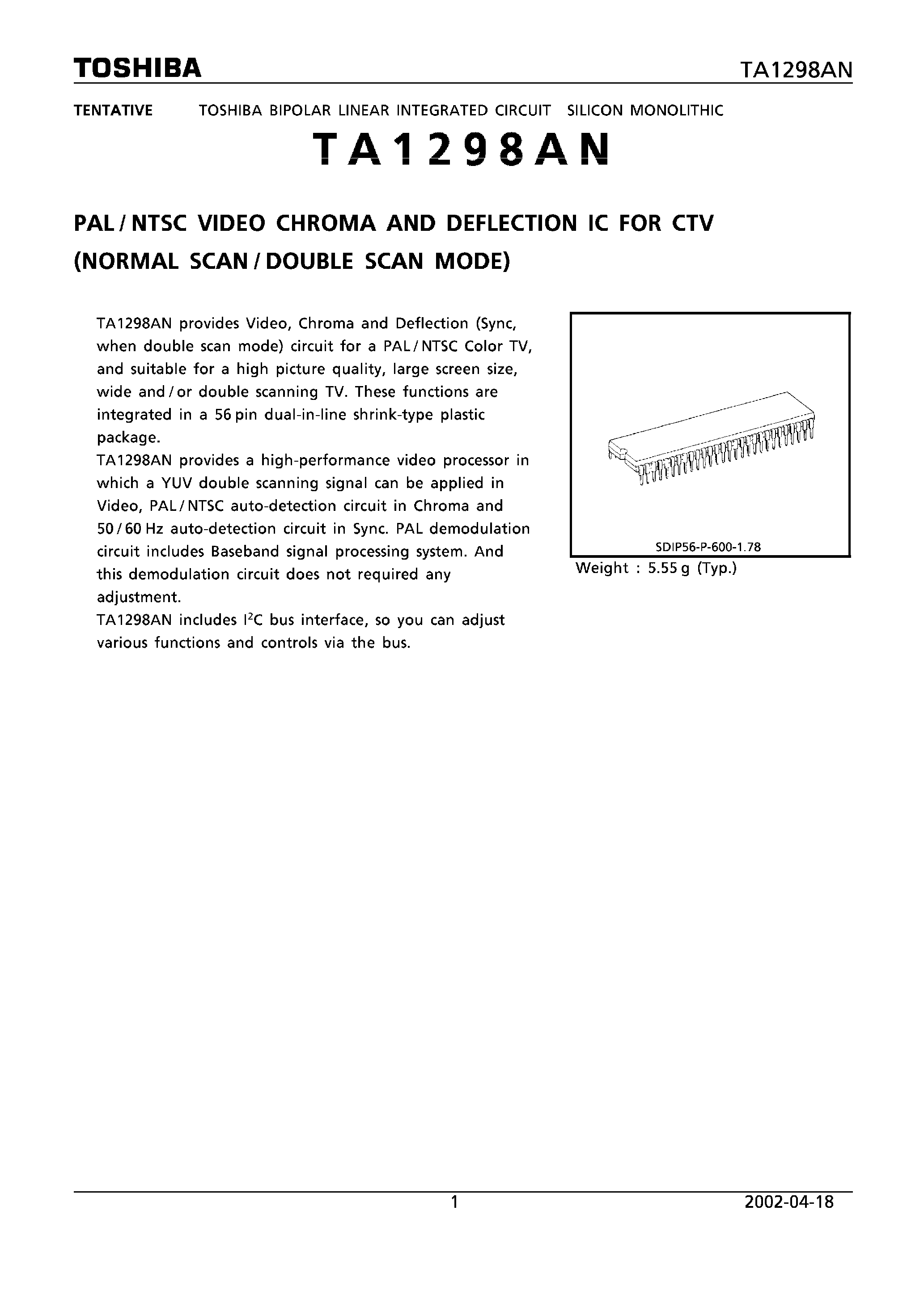 Datasheet TA1298AN - PAL/NTSC VIDEO CHROMA AND DEFLECTION IC FOR CTV page 1