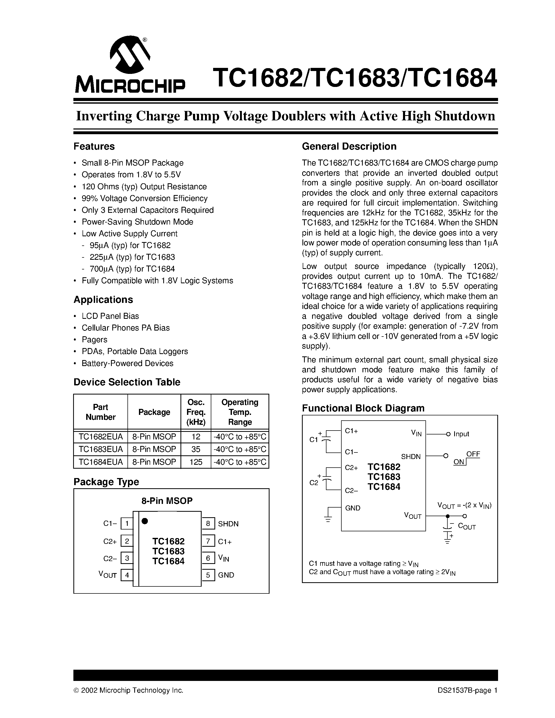 Datasheet TC168x - Inverting Charge Pump Voltage Doublers with Active High Shutdown page 1