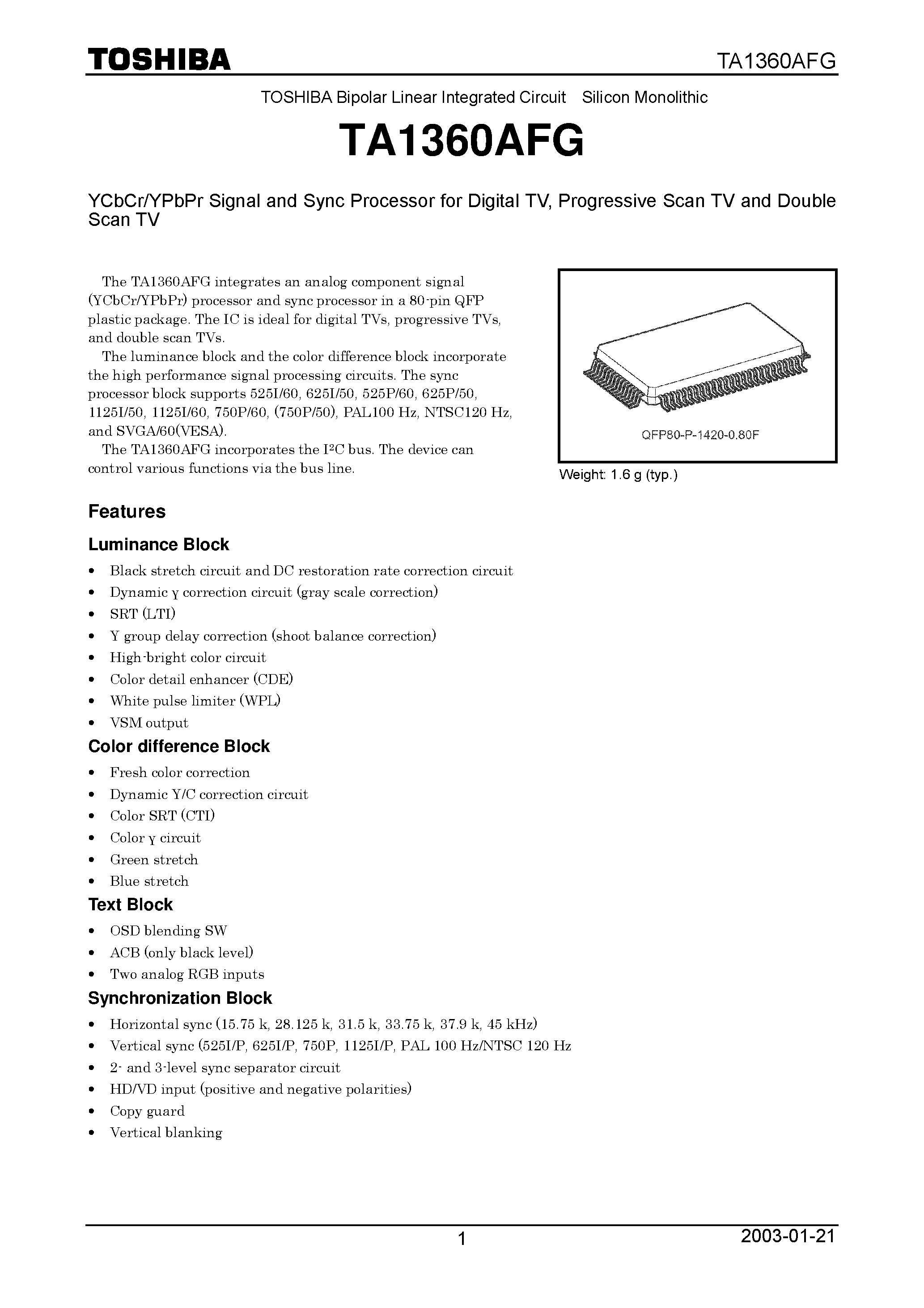 Datasheet TA1360AFG - YCbCr/YPbPr Signal and Sync Processor for Digital TV page 1