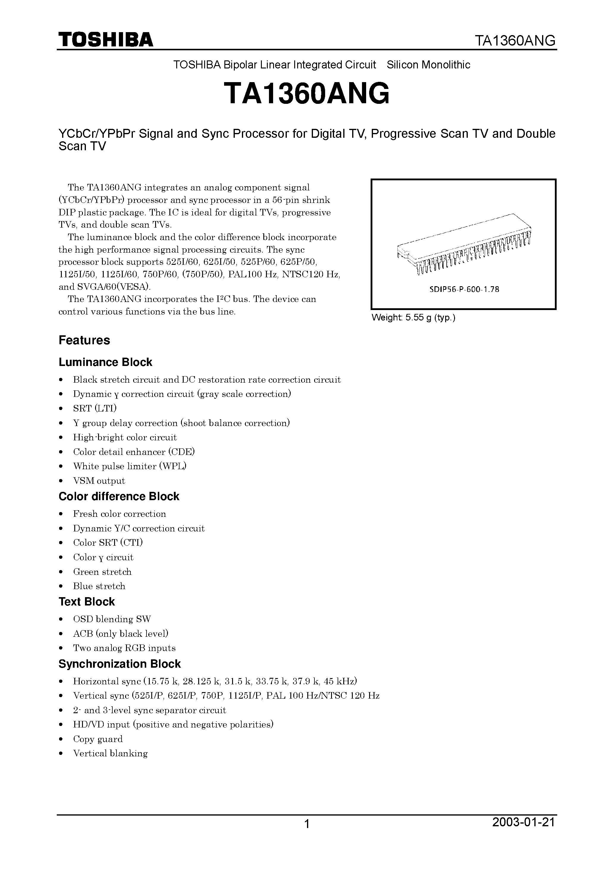 Datasheet TA1360ANG - Bipolar Linear Integrated Circuit Silicon Monolithic page 1